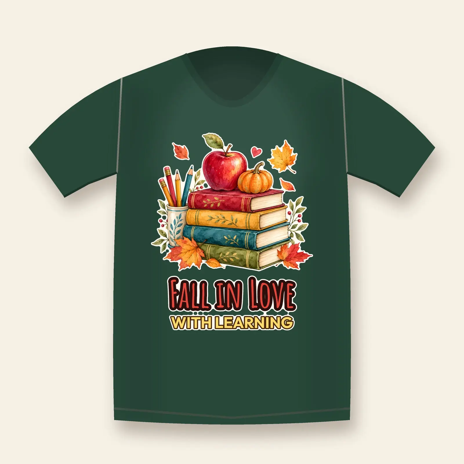 Fall in Love With Learning Book Stack Shirt Design – Apple Pumpkin Teacher PNG preview