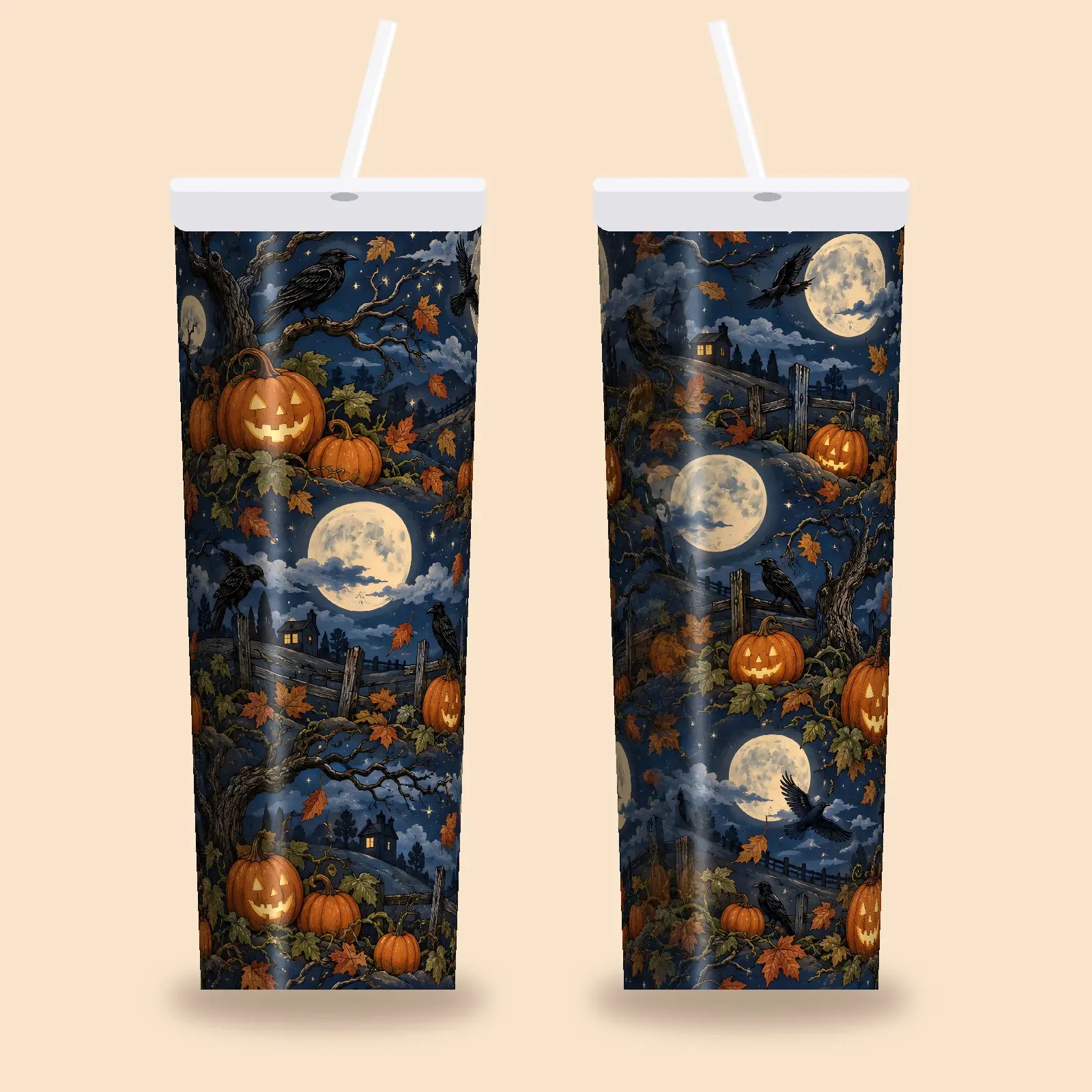 Moonlit Pumpkin Patch 20 oz Skinny Tumbler Wrap PNG – Seamless Halloween Sublimation Design preview