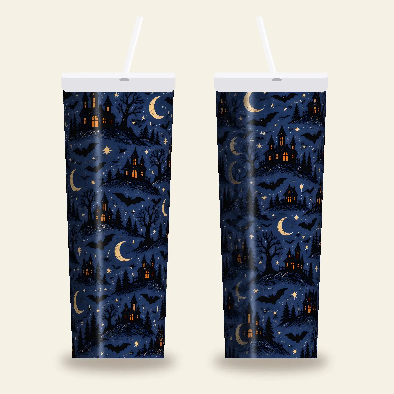 Haunted Hollow Bats and Moons 20 oz Tumbler Wrap – Orange and Indigo Sublimation PNG preview