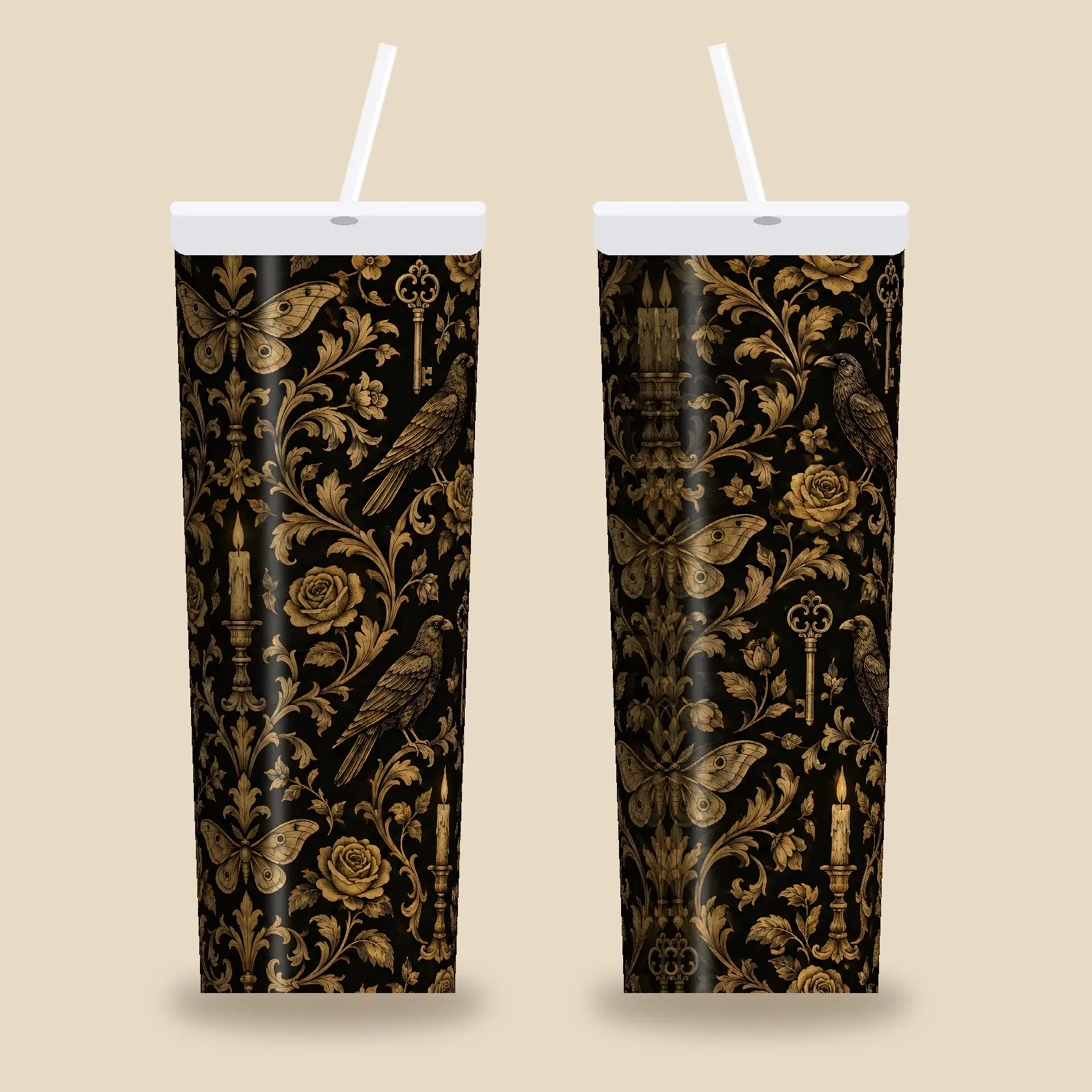 Victorian Candlelight Moths and Keys Tumbler Wrap PNG – Gothic Gold Sublimation Design, preview 1 of 4