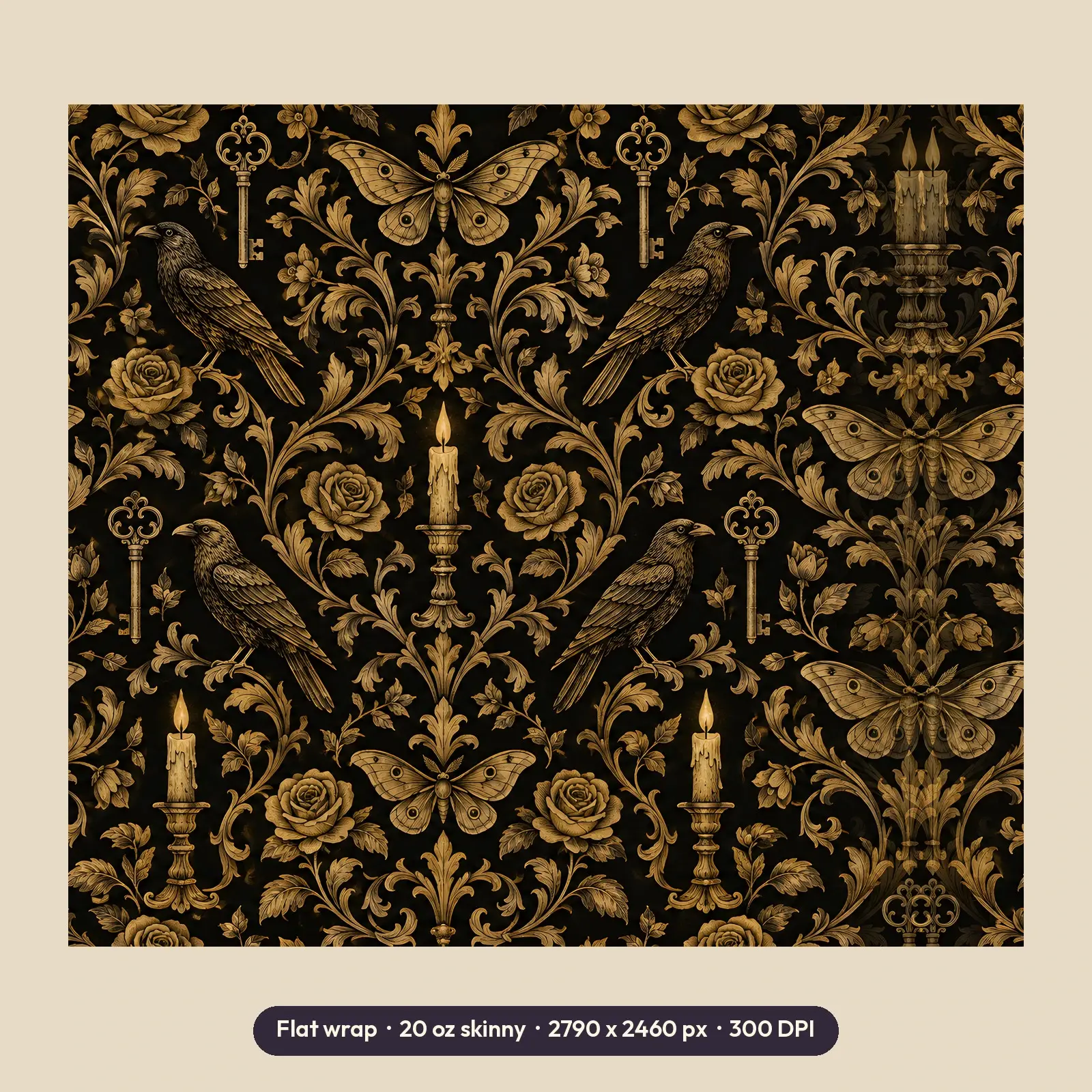 Victorian Candlelight Moths and Keys Tumbler Wrap PNG – Gothic Gold Sublimation Design, preview 2 of 4