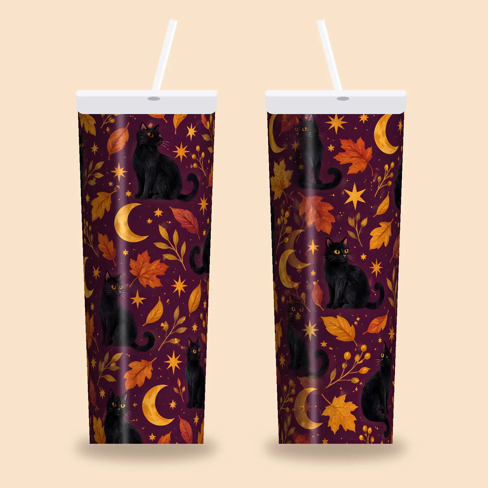 Black Cats and Crescent Moons 20 oz Skinny Tumbler Wrap – Plum and Mustard PNG preview