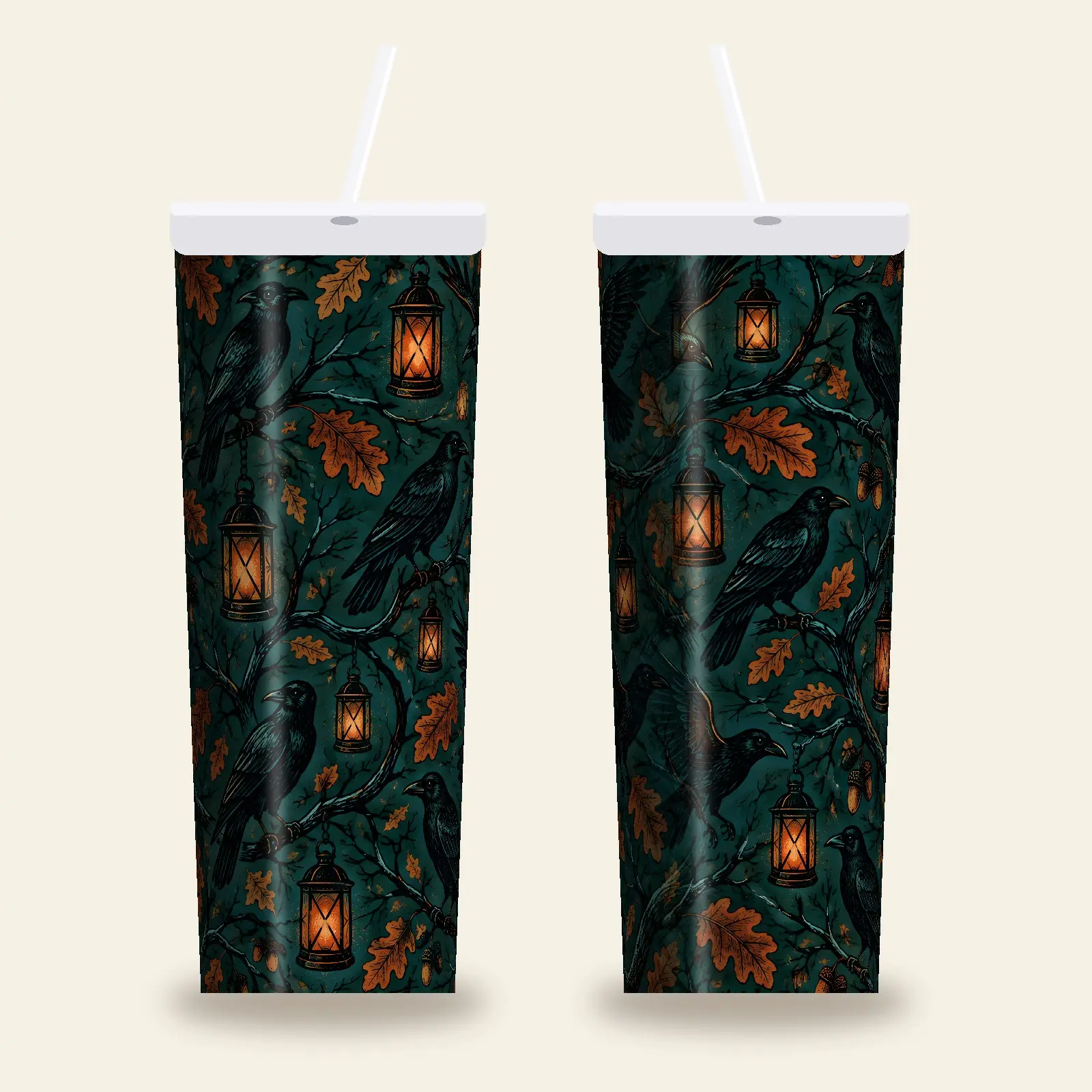 Lantern Night Crows Tumbler Wrap PNG – Teal and Burnt Orange Halloween Sublimation preview