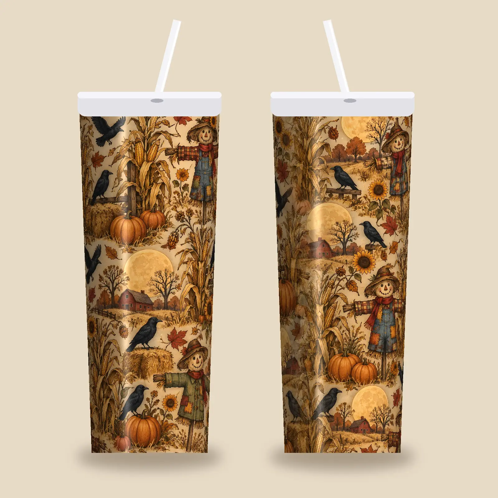 Scarecrow Cornfield Harvest Tumbler Wrap PNG – Warm Gold Autumn Sublimation Design preview