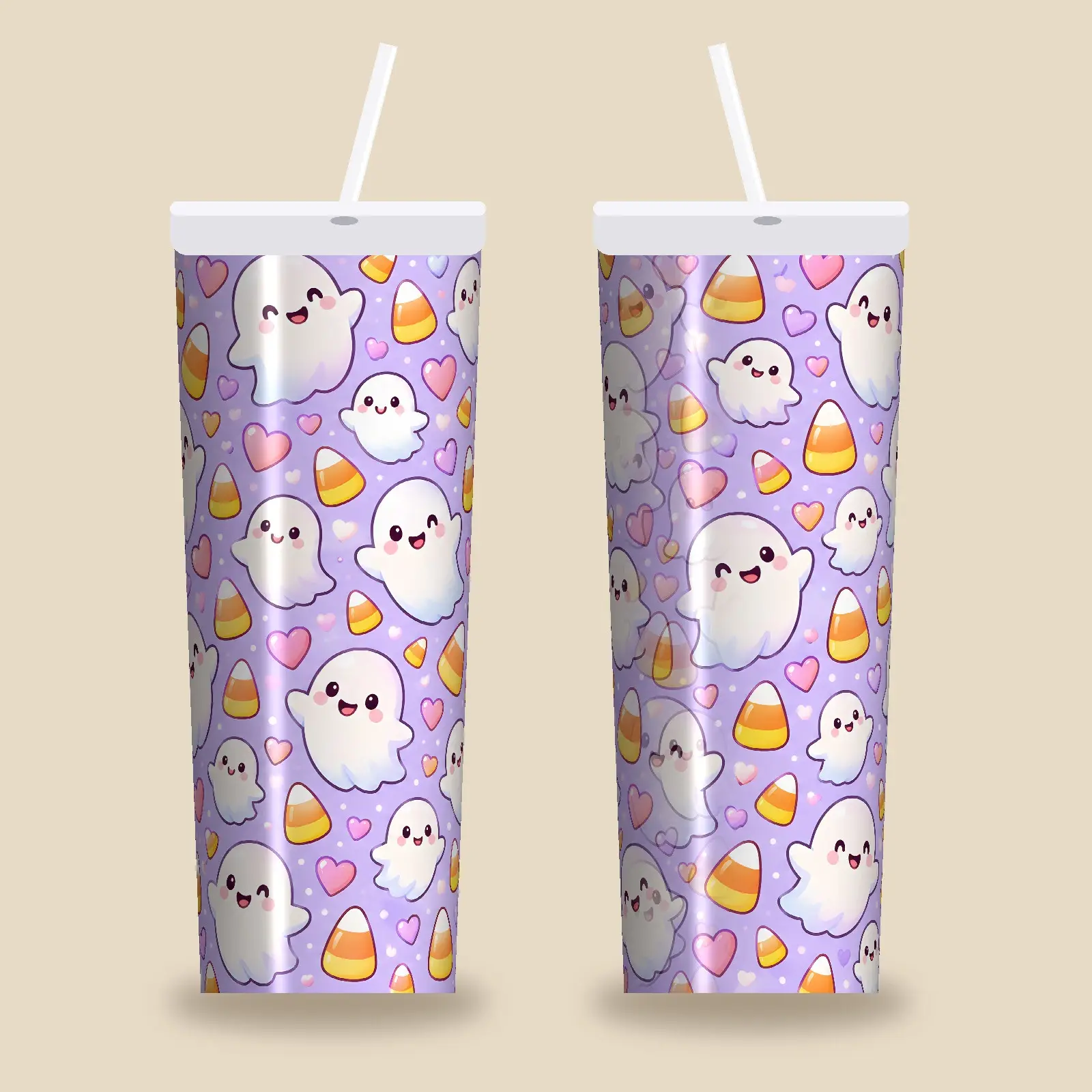 Pastel Smiling Ghosts and Candy Corn Tumbler Wrap PNG – Kawaii Halloween Sublimation preview