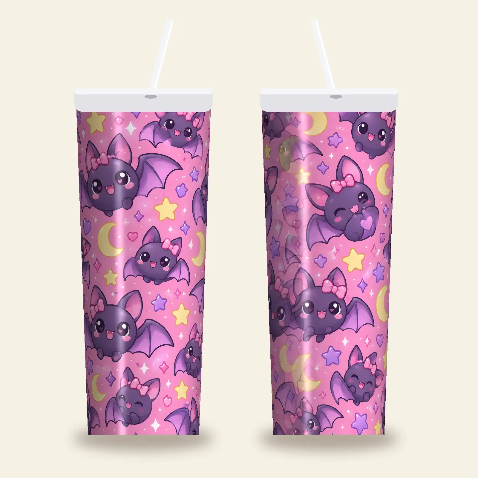 Cute Bats With Bows Tumbler Wrap – Bubblegum Pink Halloween 20 oz Sublimation PNG preview