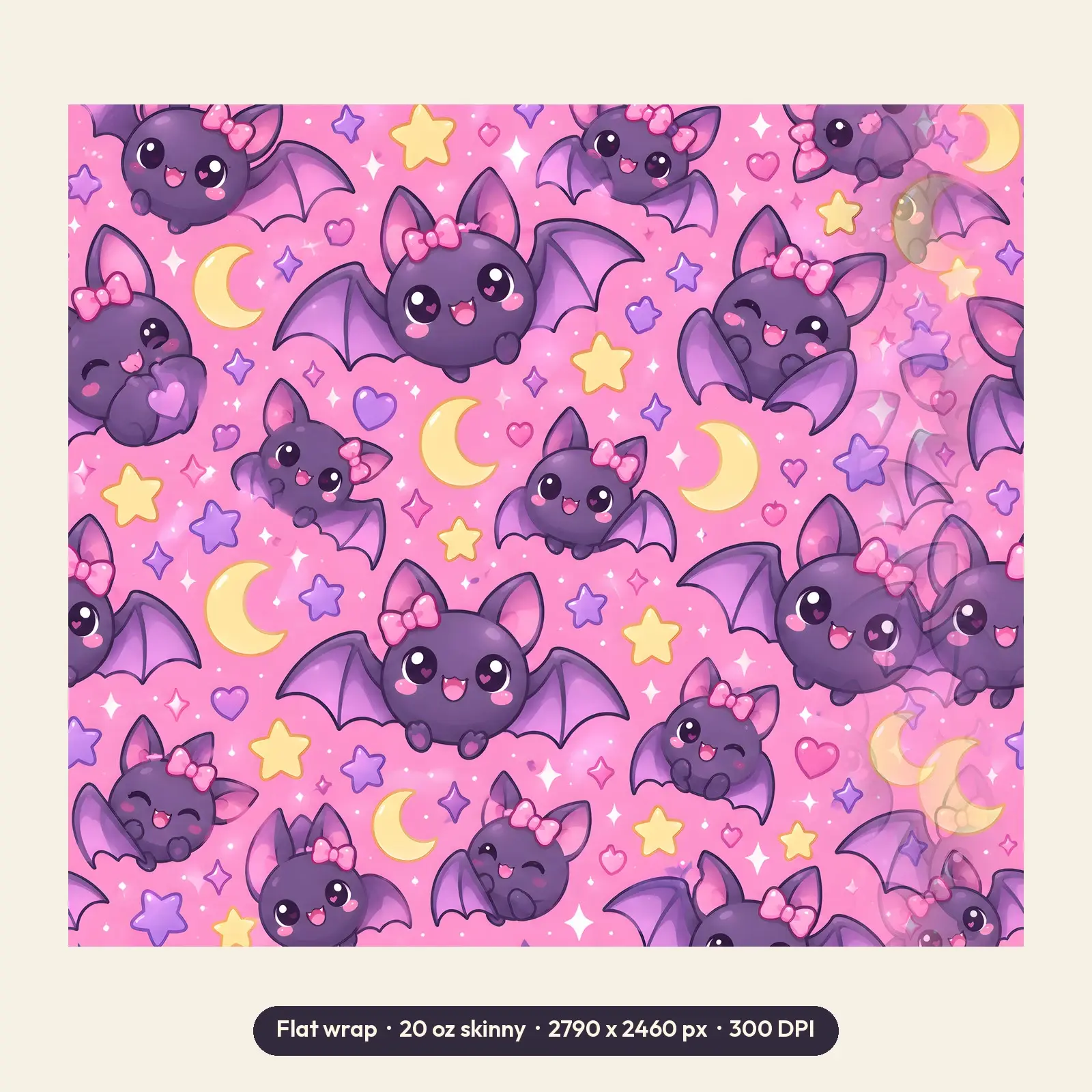 Cute Bats With Bows Tumbler Wrap – Bubblegum Pink Halloween 20 oz Sublimation PNG, preview 2 of 4