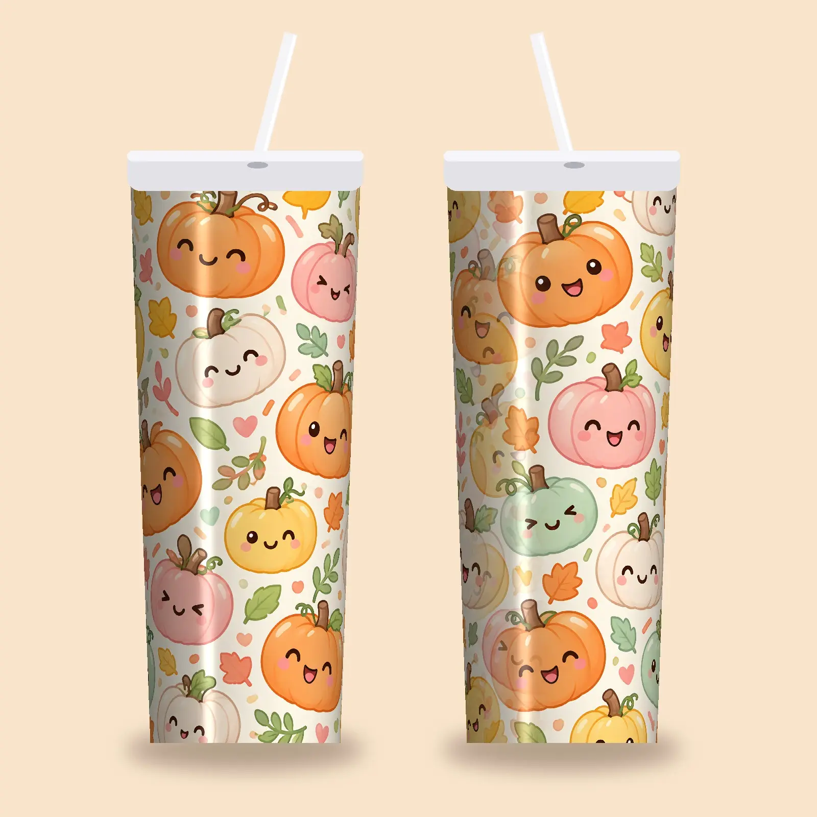 Smiling Kawaii Pumpkins and Sprinkles Tumbler Wrap PNG – Cream Halloween Pattern, preview 1 of 4