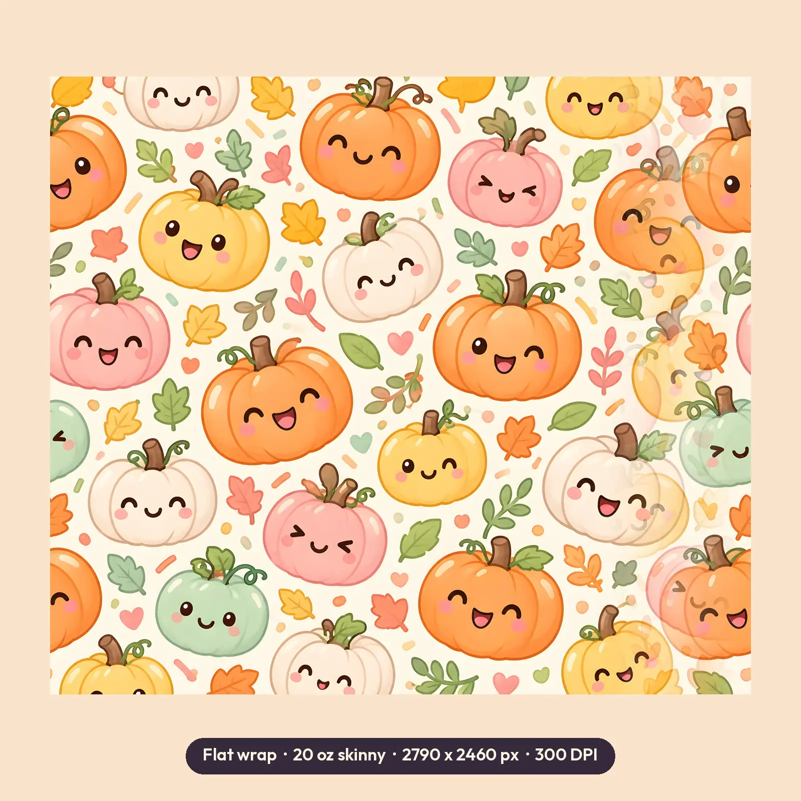 Smiling Kawaii Pumpkins and Sprinkles Tumbler Wrap PNG – Cream Halloween Pattern, preview 2 of 4