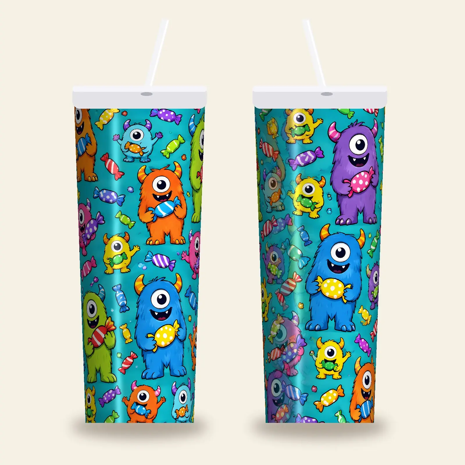 Friendly Fuzzy Monsters With Candy Tumbler Wrap PNG – Bright Teal Trick or Treat Design preview