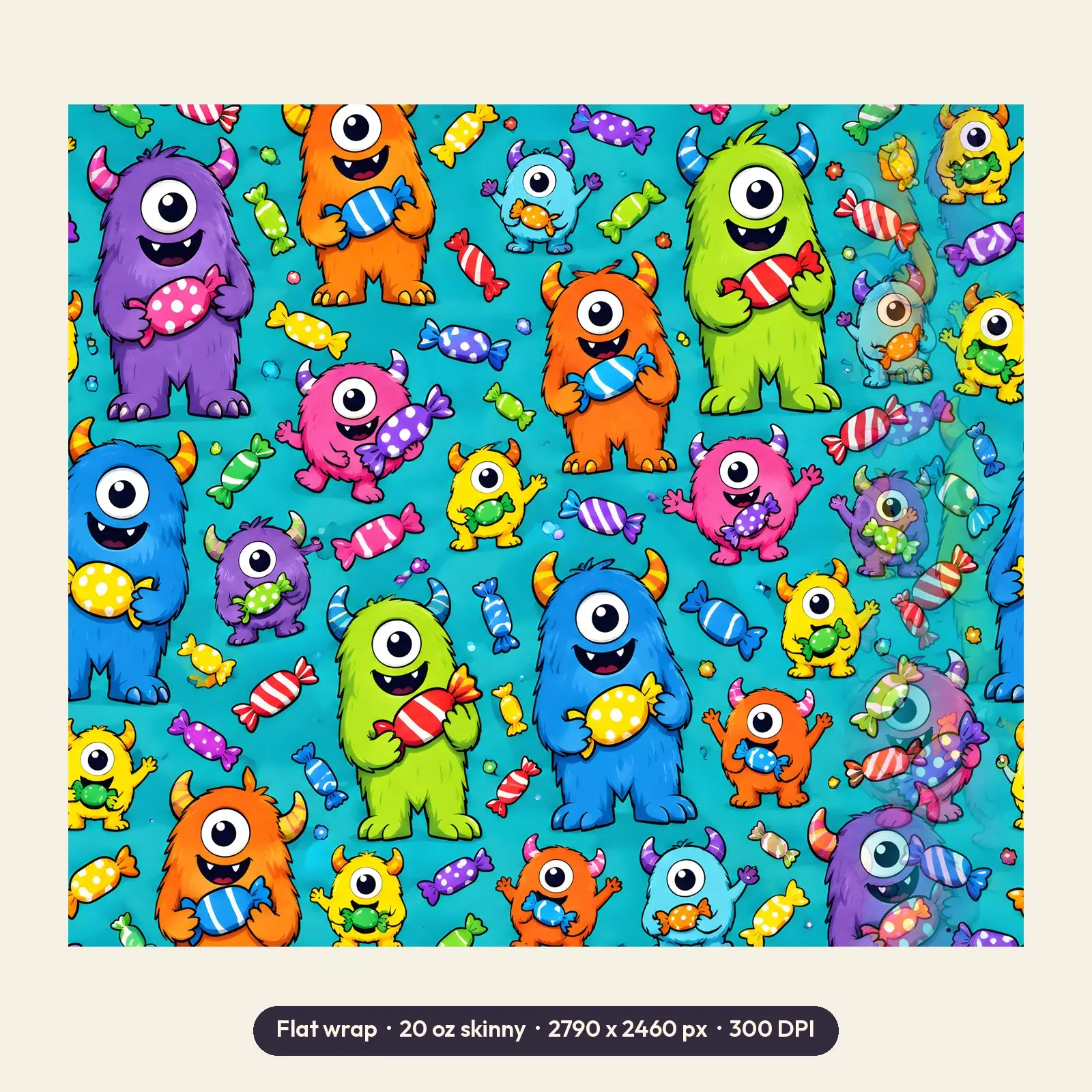Friendly Fuzzy Monsters With Candy Tumbler Wrap PNG – Bright Teal Trick or Treat Design, preview 2 of 4