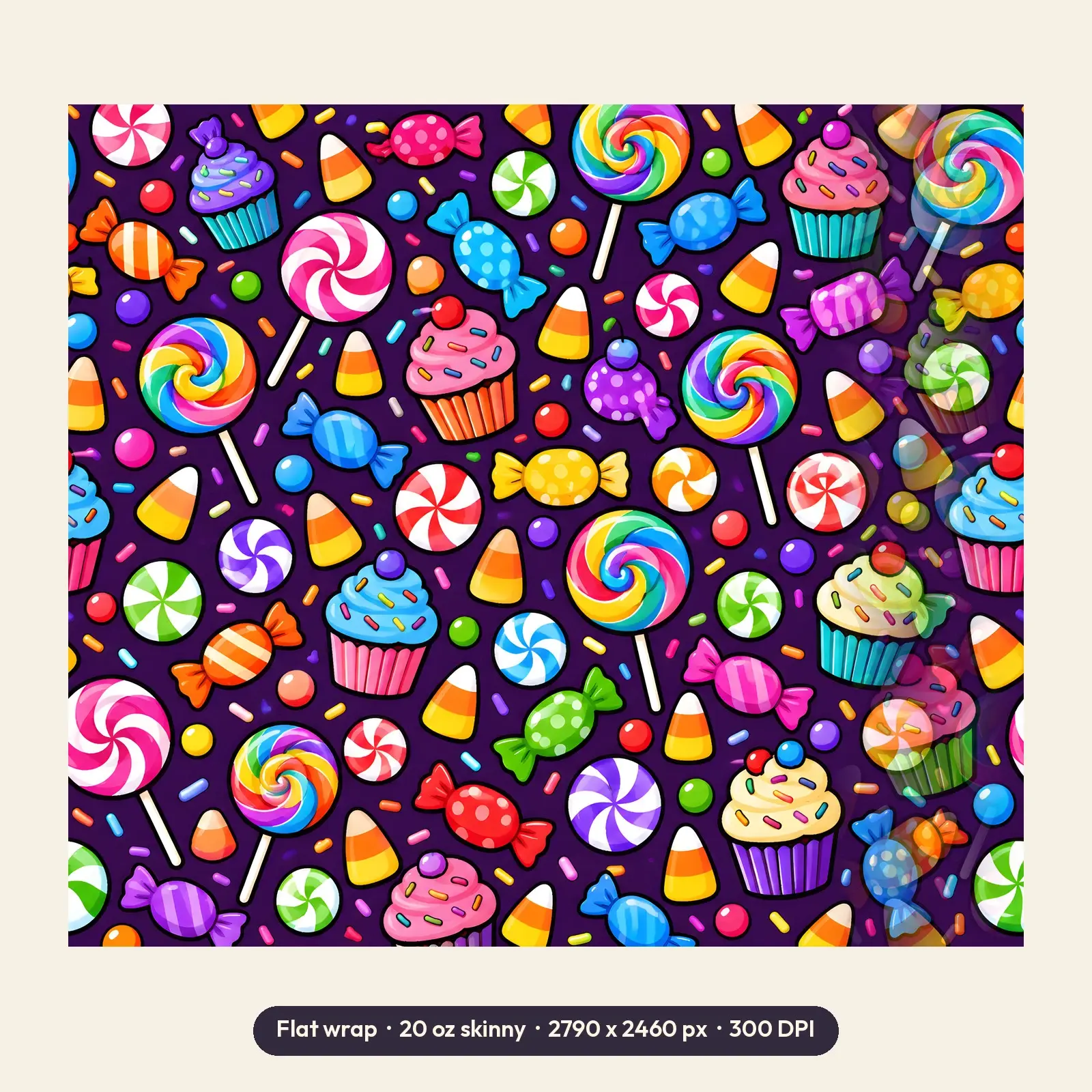 Halloween Candy Shop Pattern Tumbler Wrap PNG – Lollipops and Wrapped Sweets Sublimation, preview 2 of 4
