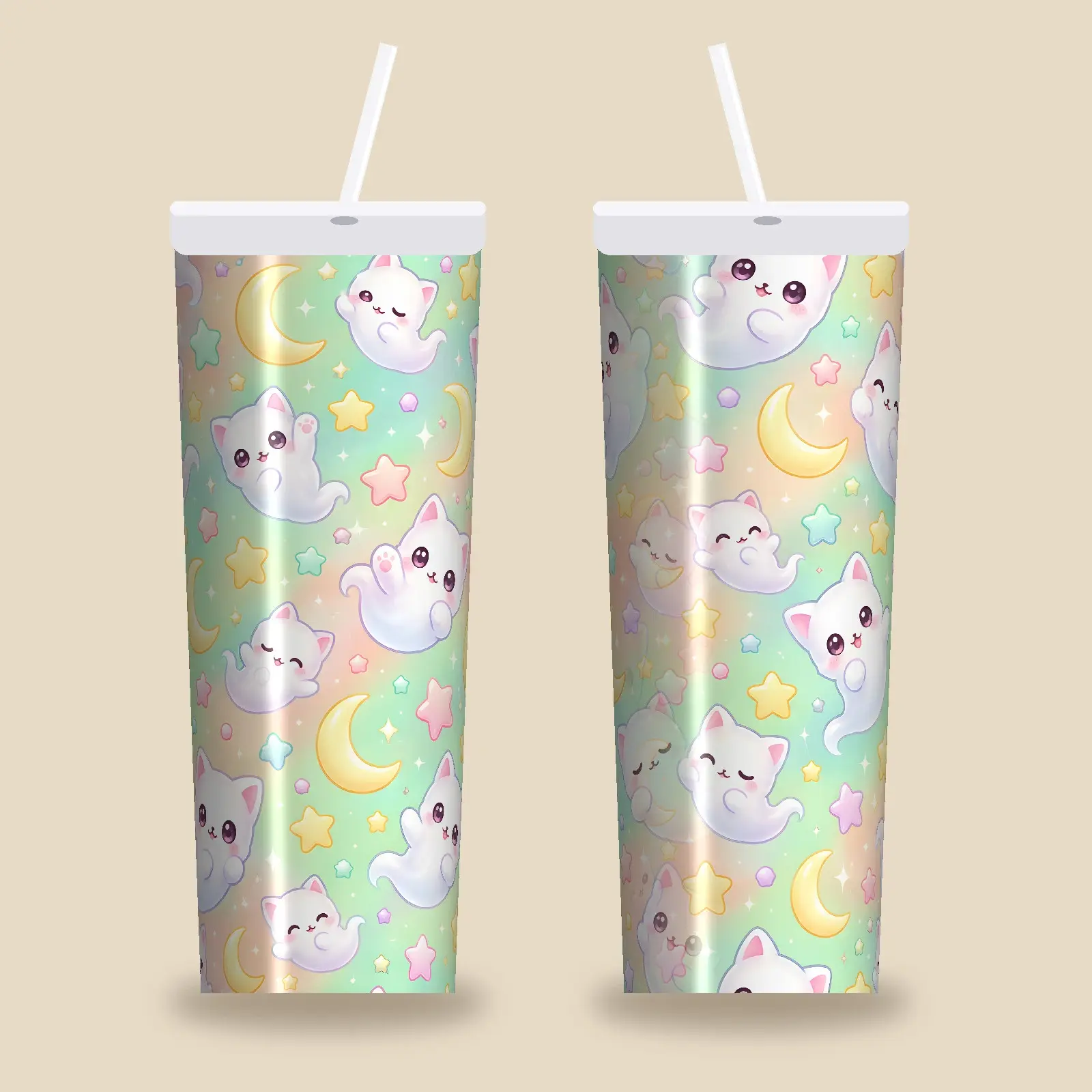 Ghost Kittens and Moons Gradient Tumbler Wrap PNG – Mint and Peach Cute Halloween preview