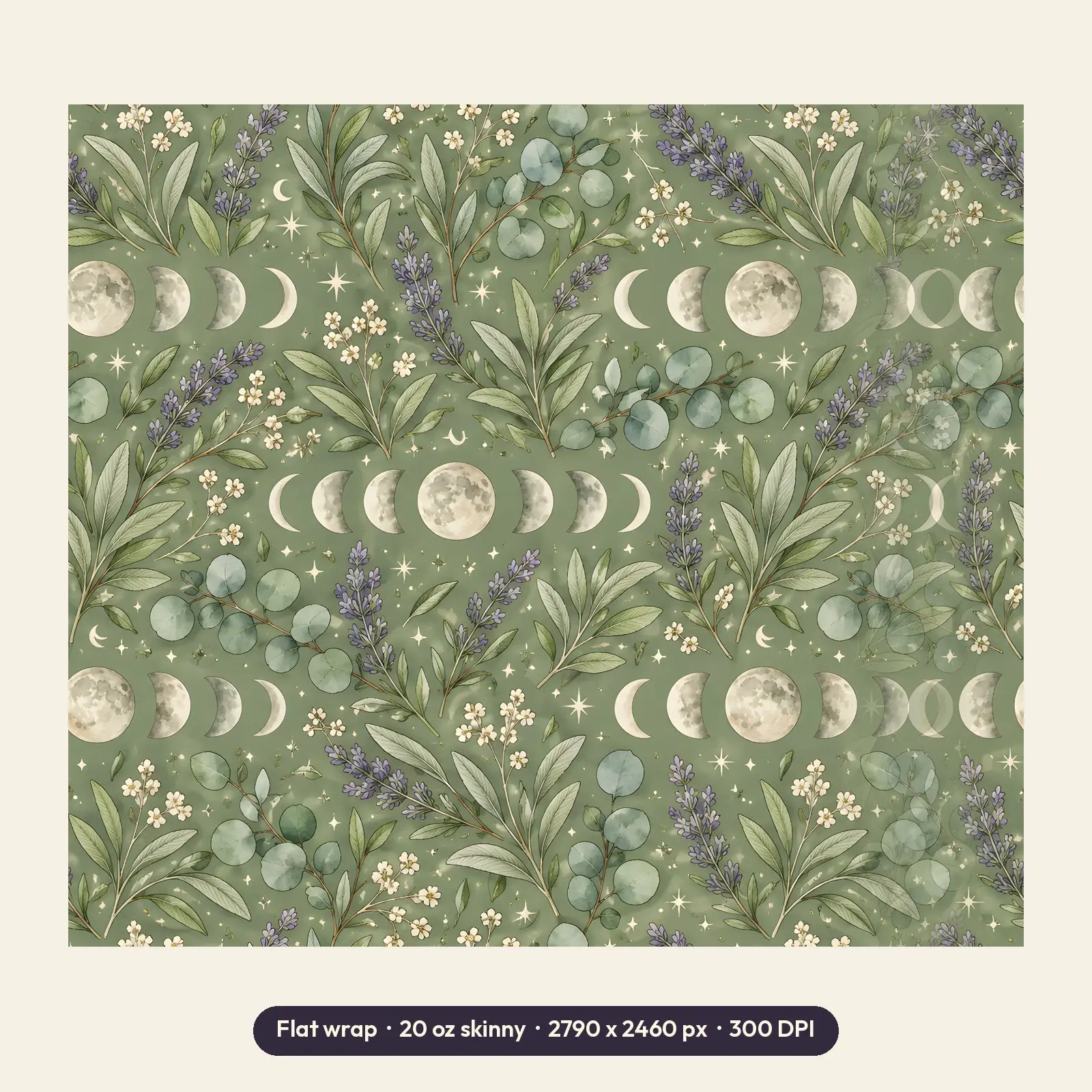 Moon Phases and Sage Sprigs 20 oz Tumbler Wrap PNG – Witchy Botanical Sublimation Design, preview 2 of 4