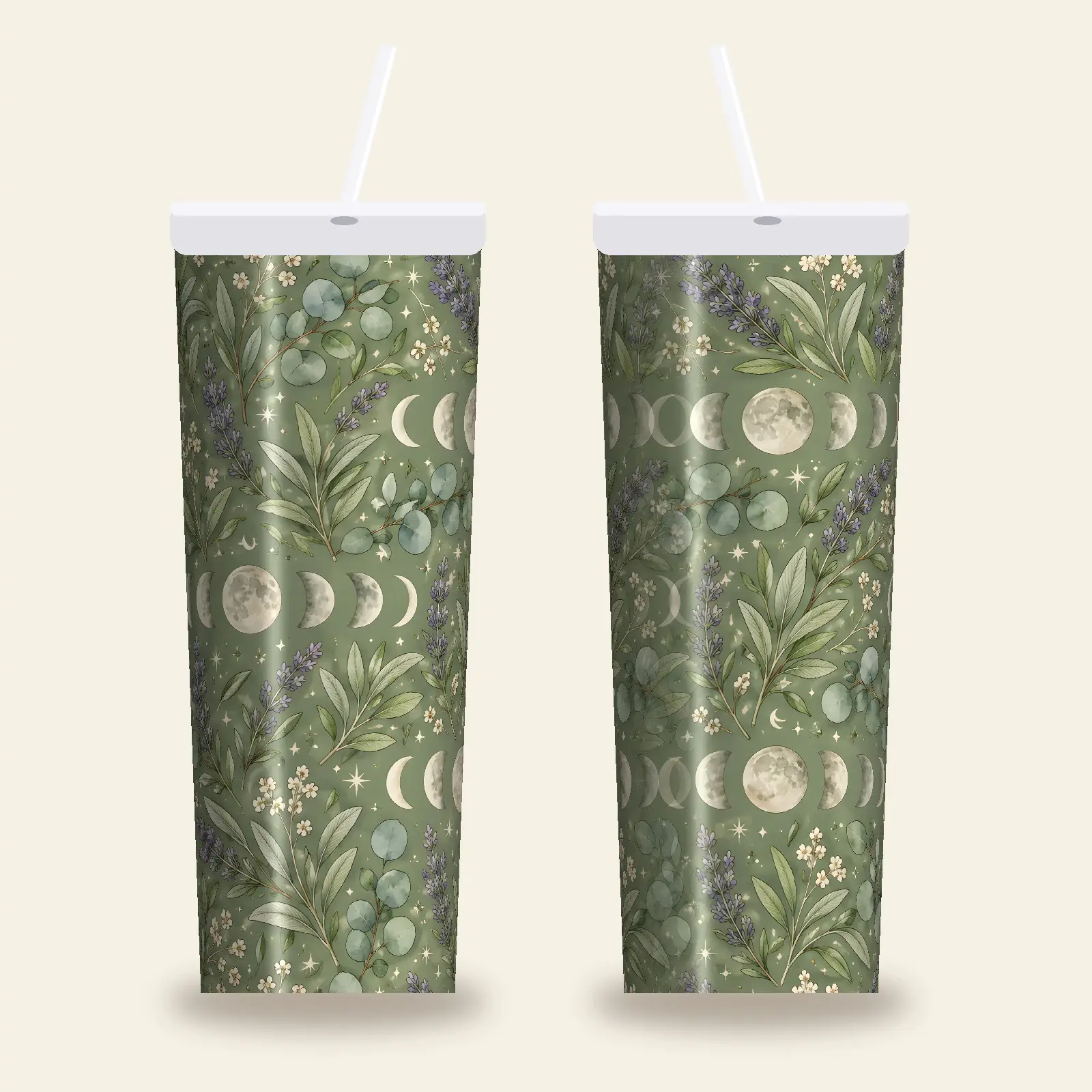 Moon Phases and Sage Sprigs 20 oz Tumbler Wrap PNG – Witchy Botanical Sublimation Design, preview 1 of 4