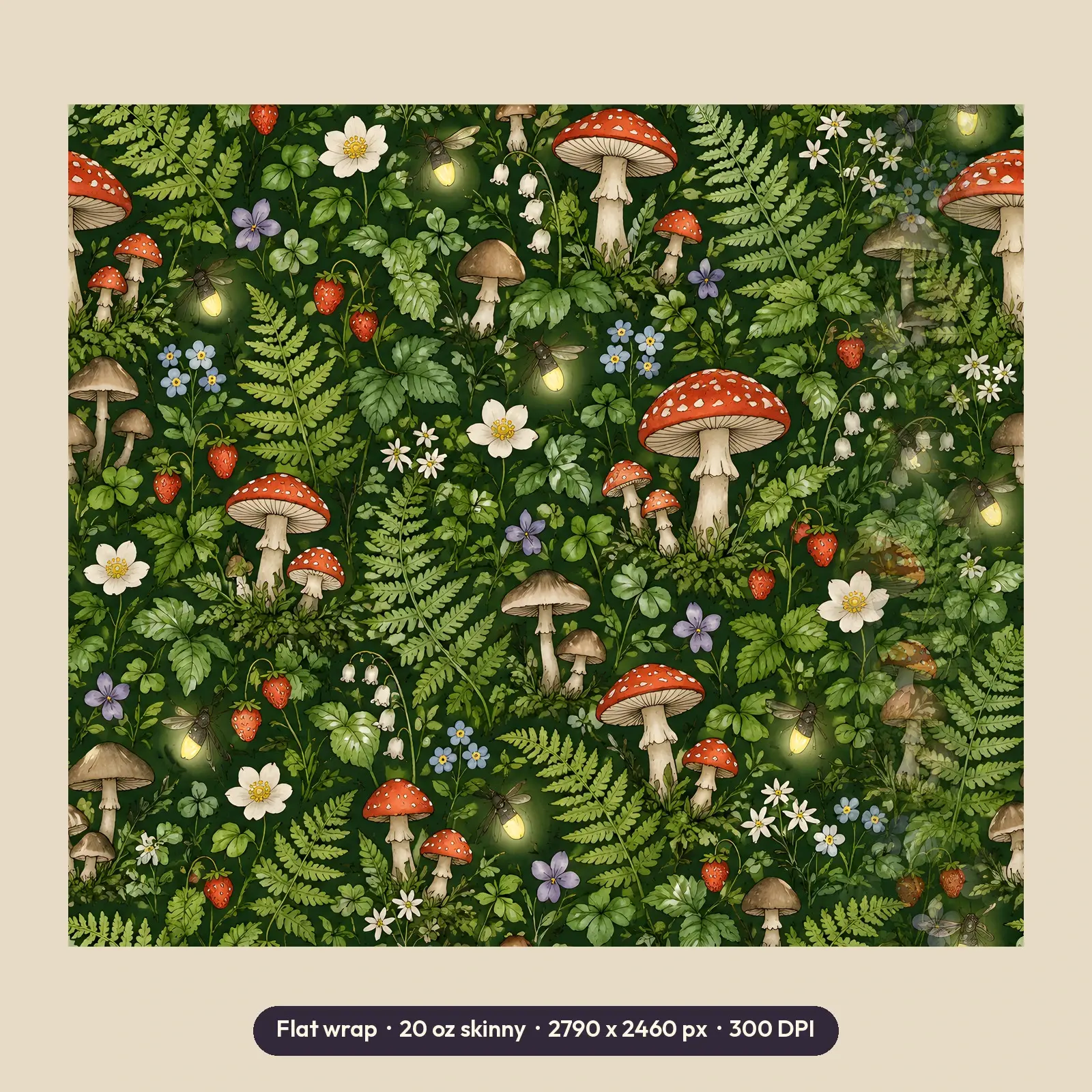 Toadstools and Ferns Forest Magic Tumbler Wrap PNG – Cottagecore Witchy Sublimation, preview 2 of 4