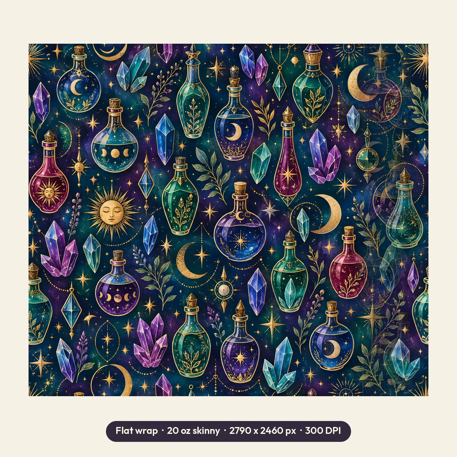 Jewel Tone Potion Bottles and Crystals Tumbler Wrap PNG – Deep Teal Witchy Design, preview 2 of 4