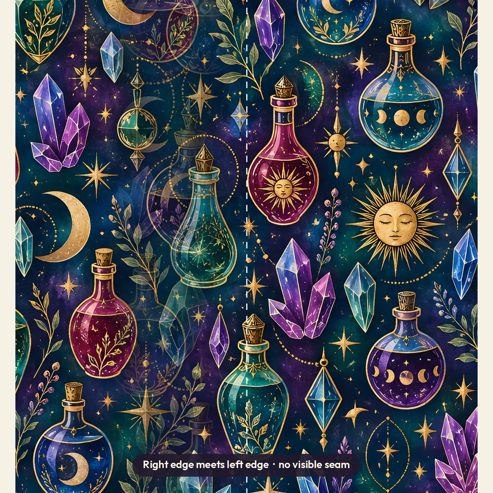 Jewel Tone Potion Bottles and Crystals Tumbler Wrap PNG – Deep Teal Witchy Design, preview 3 of 4