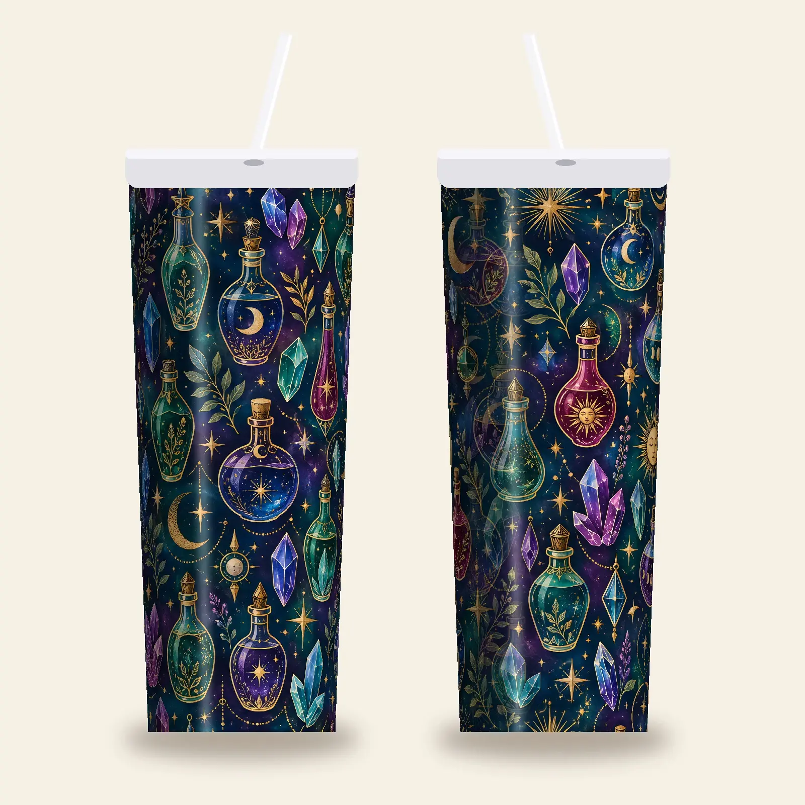 Jewel Tone Potion Bottles and Crystals Tumbler Wrap PNG – Deep Teal Witchy Design preview