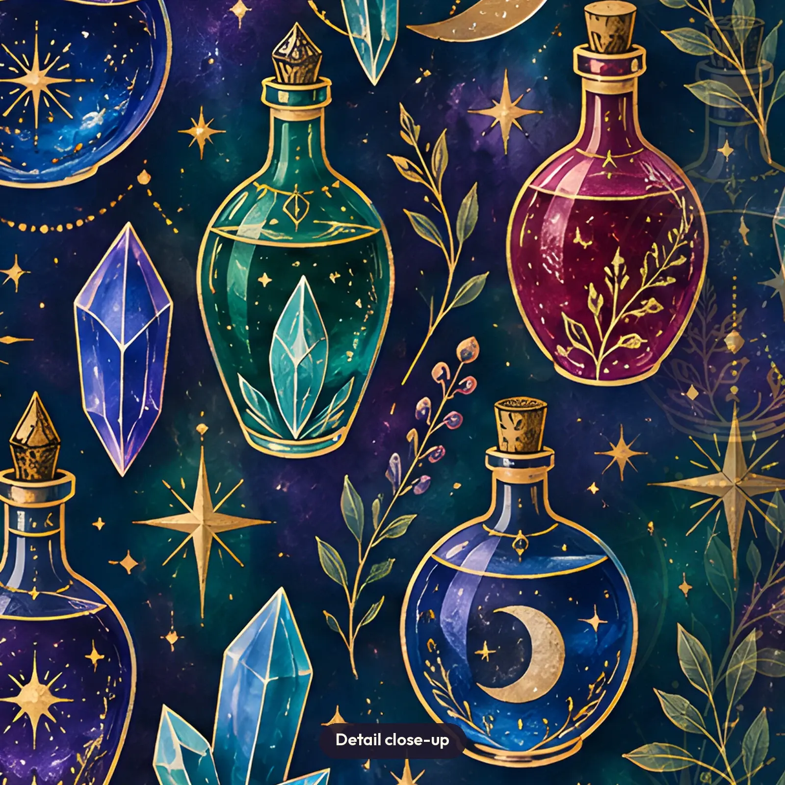 Jewel Tone Potion Bottles and Crystals Tumbler Wrap PNG – Deep Teal Witchy Design, preview 4 of 4