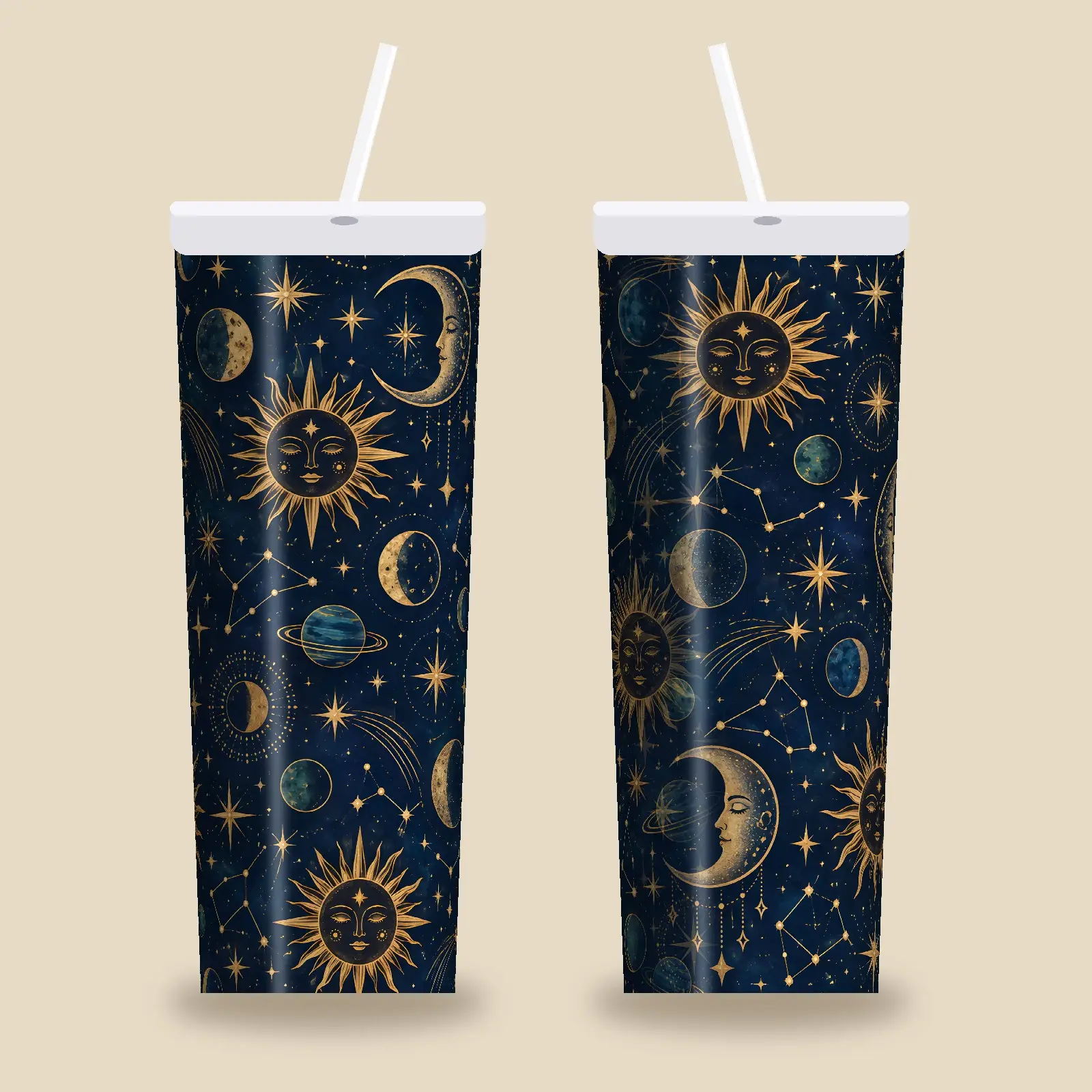 Celestial Gold Sun Moon and Stars Tumbler Wrap PNG – Navy Boho Witchy Sublimation preview