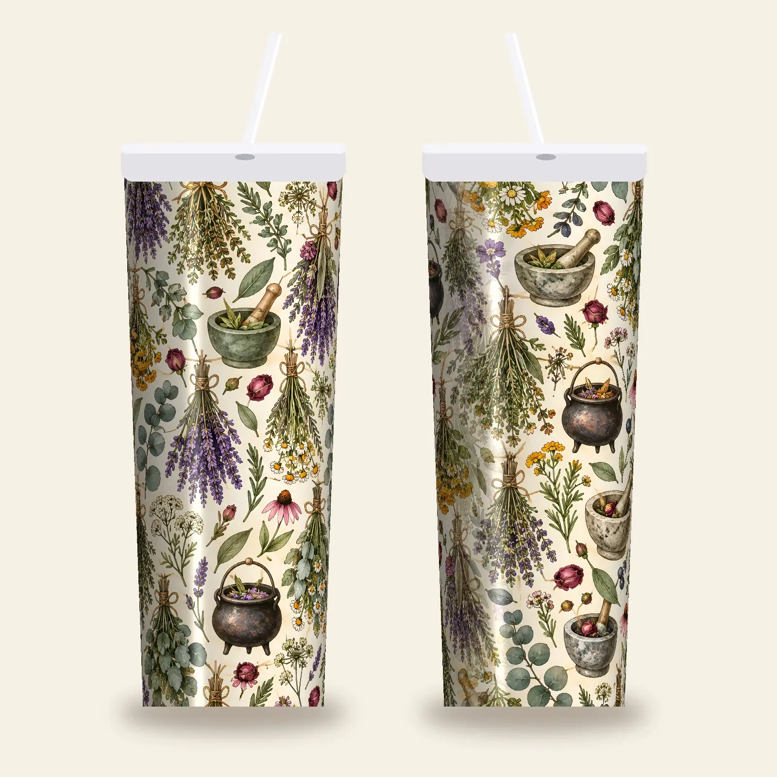 Herb Bundles and Cauldrons Tumbler Wrap PNG – Warm Cream Watercolor Apothecary Design preview