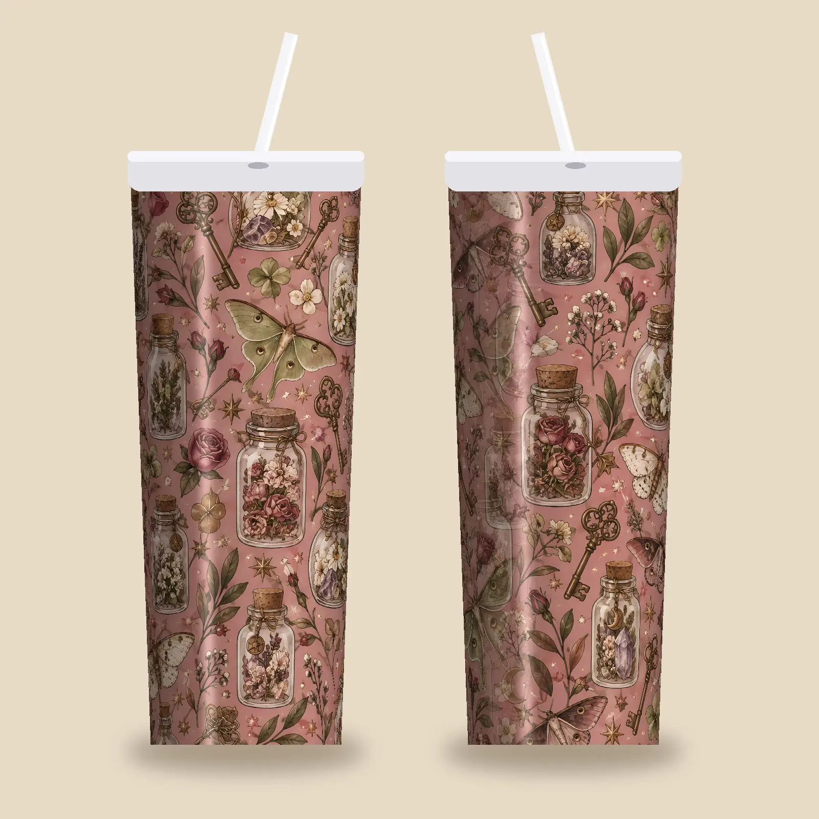 Botanical Spell Jars With Dried Flowers Tumbler Wrap PNG – Dusty Rose and Olive Design preview
