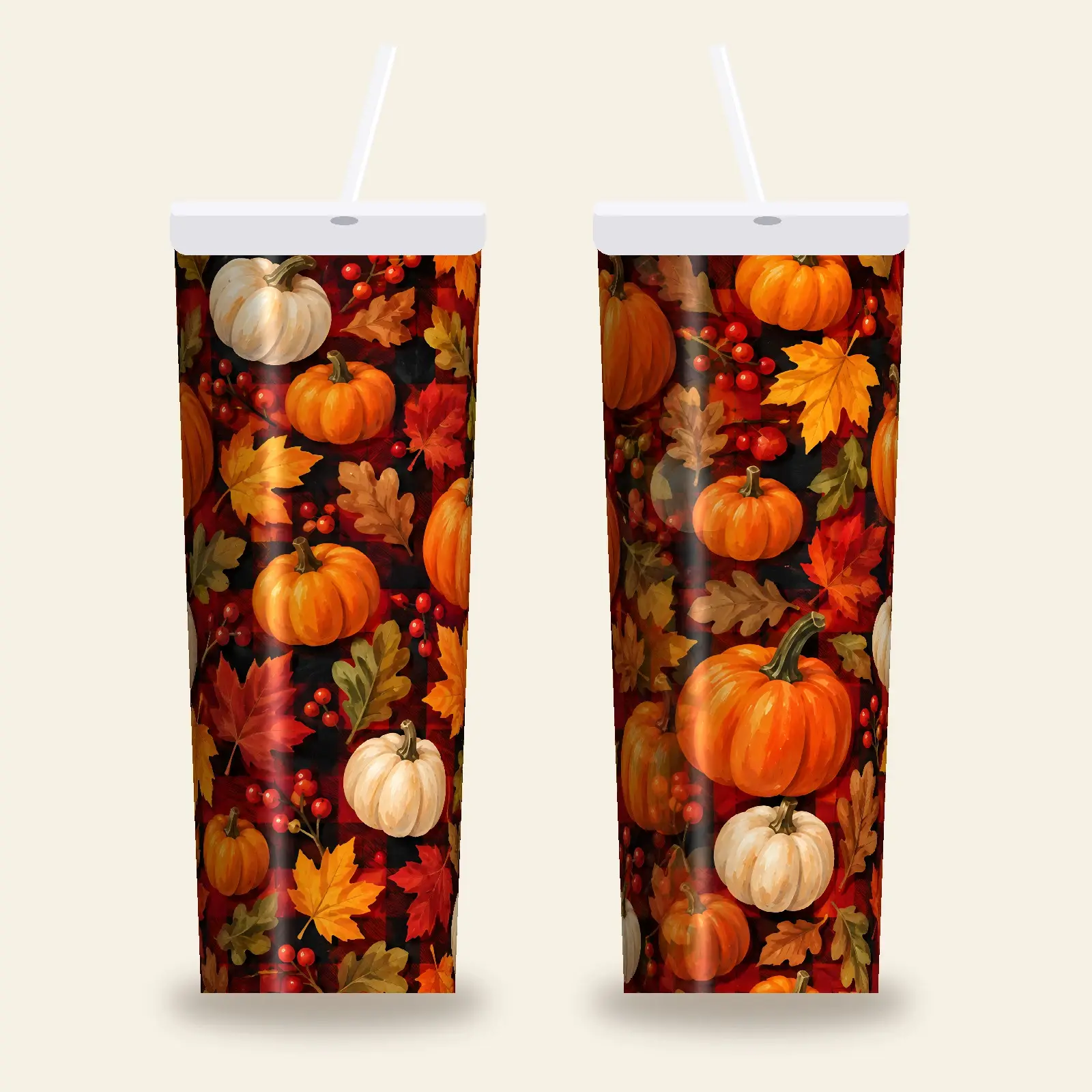 Buffalo Plaid Pumpkins and Leaves Tumbler Wrap PNG – Red and Black Fall Sublimation preview