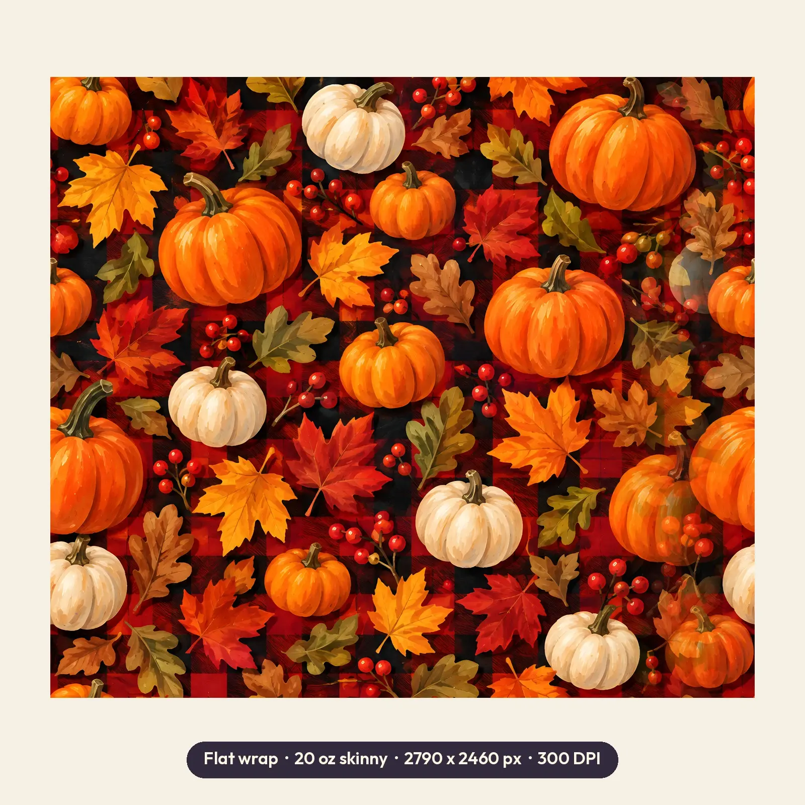 Buffalo Plaid Pumpkins and Leaves Tumbler Wrap PNG – Red and Black Fall Sublimation, preview 2 of 4