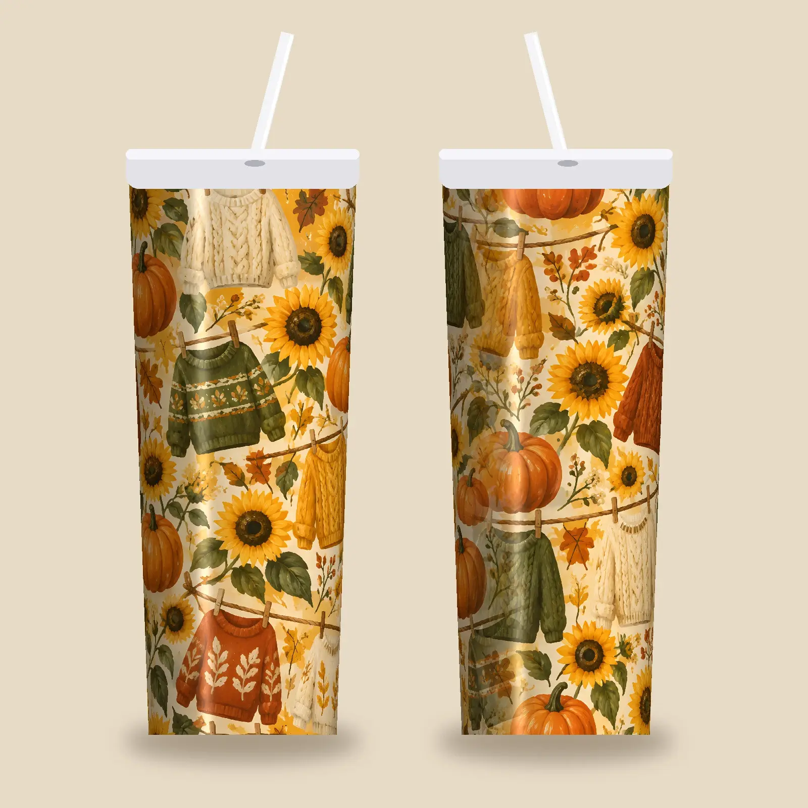 Sunflowers Pumpkins and Cozy Sweaters Tumbler Wrap PNG – Mustard and Cream Fall Design preview