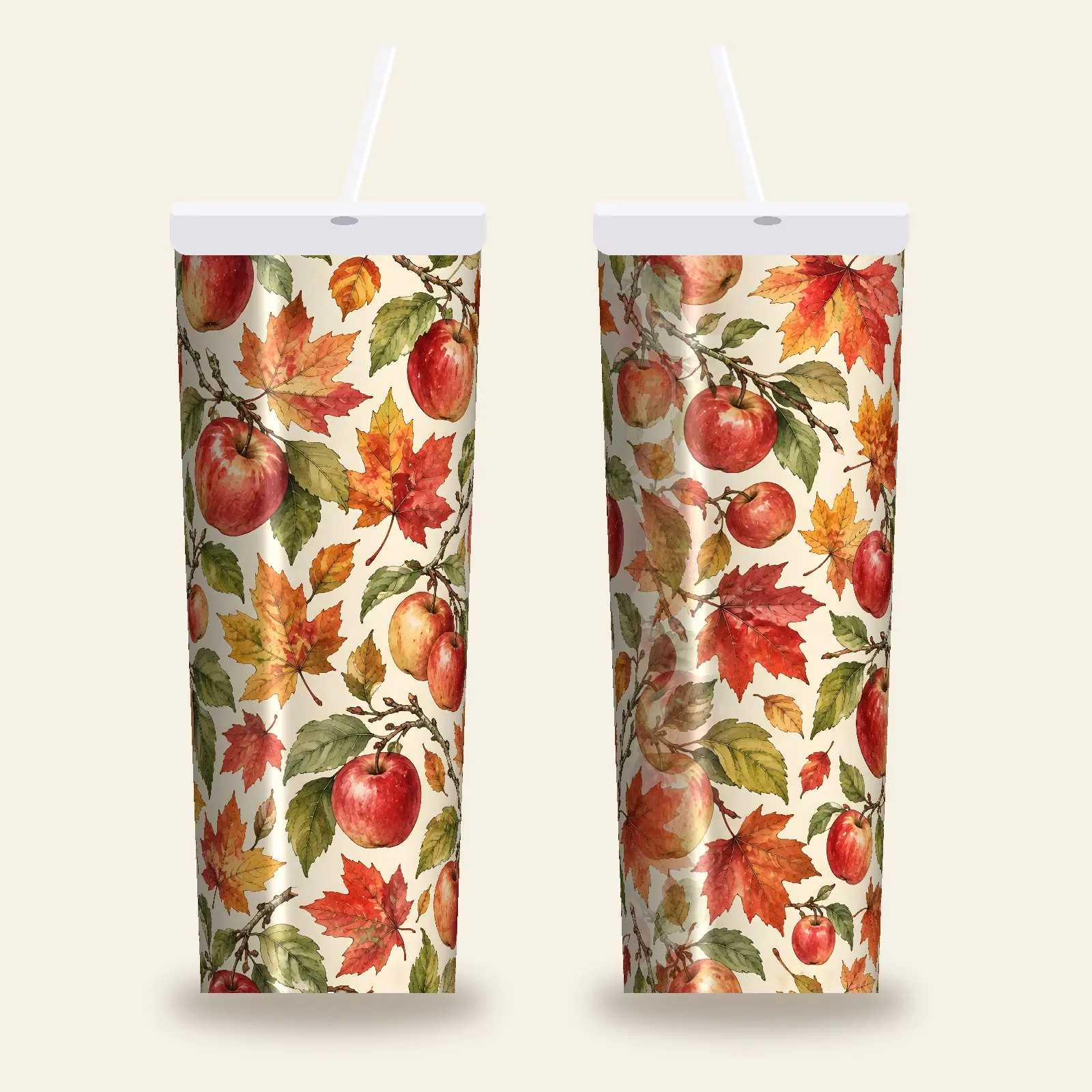 Watercolor Apples and Maple Leaves Tumbler Wrap PNG – Orchard Fall Sublimation Design preview