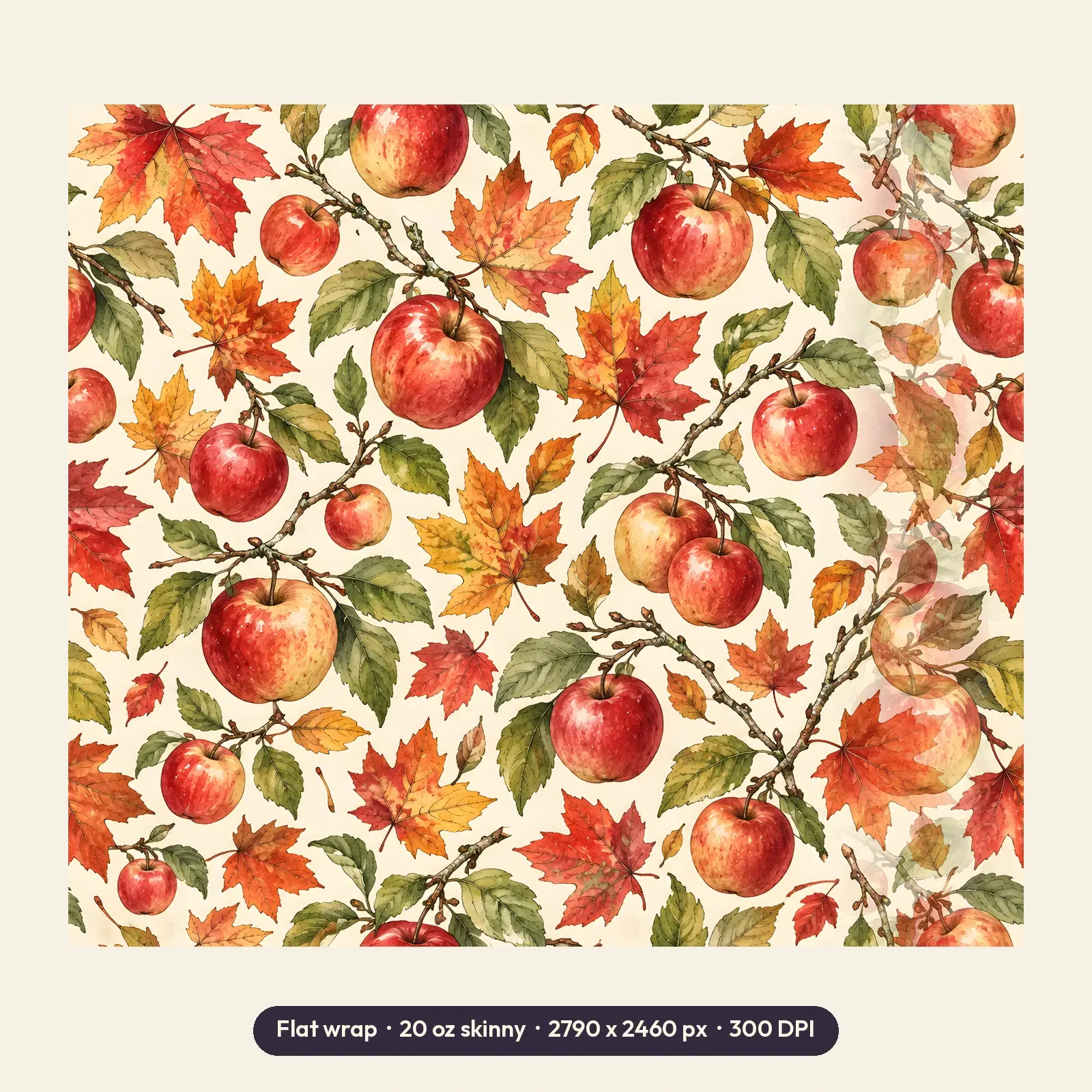 Watercolor Apples and Maple Leaves Tumbler Wrap PNG – Orchard Fall Sublimation Design, preview 2 of 4