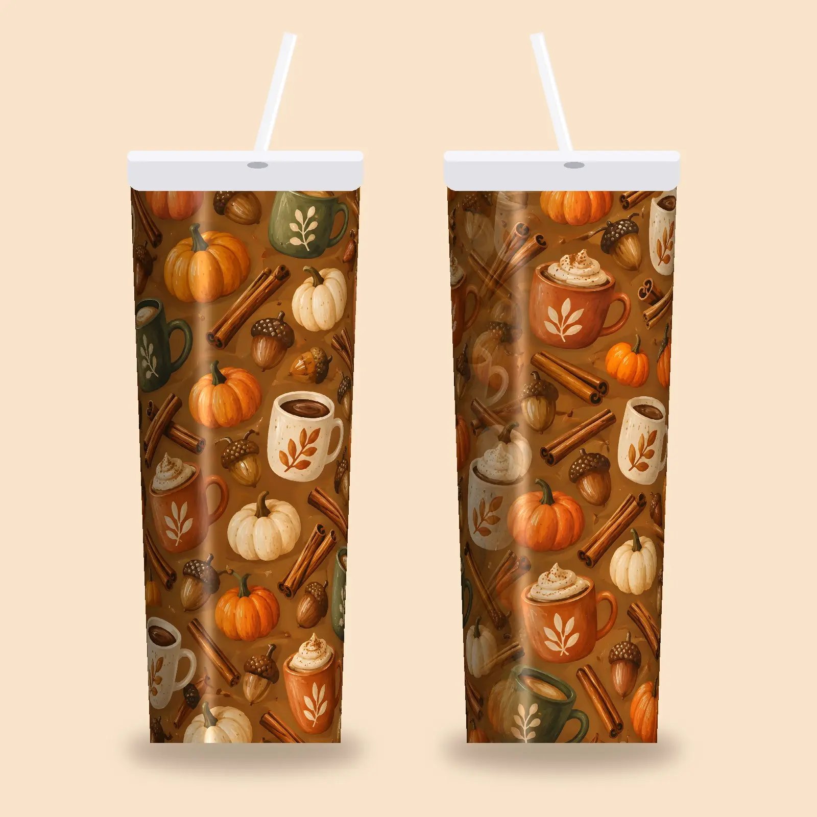 Coffee Mugs Cinnamon Sticks and Acorns Tumbler Wrap PNG – Caramel Cozy Autumn Design preview
