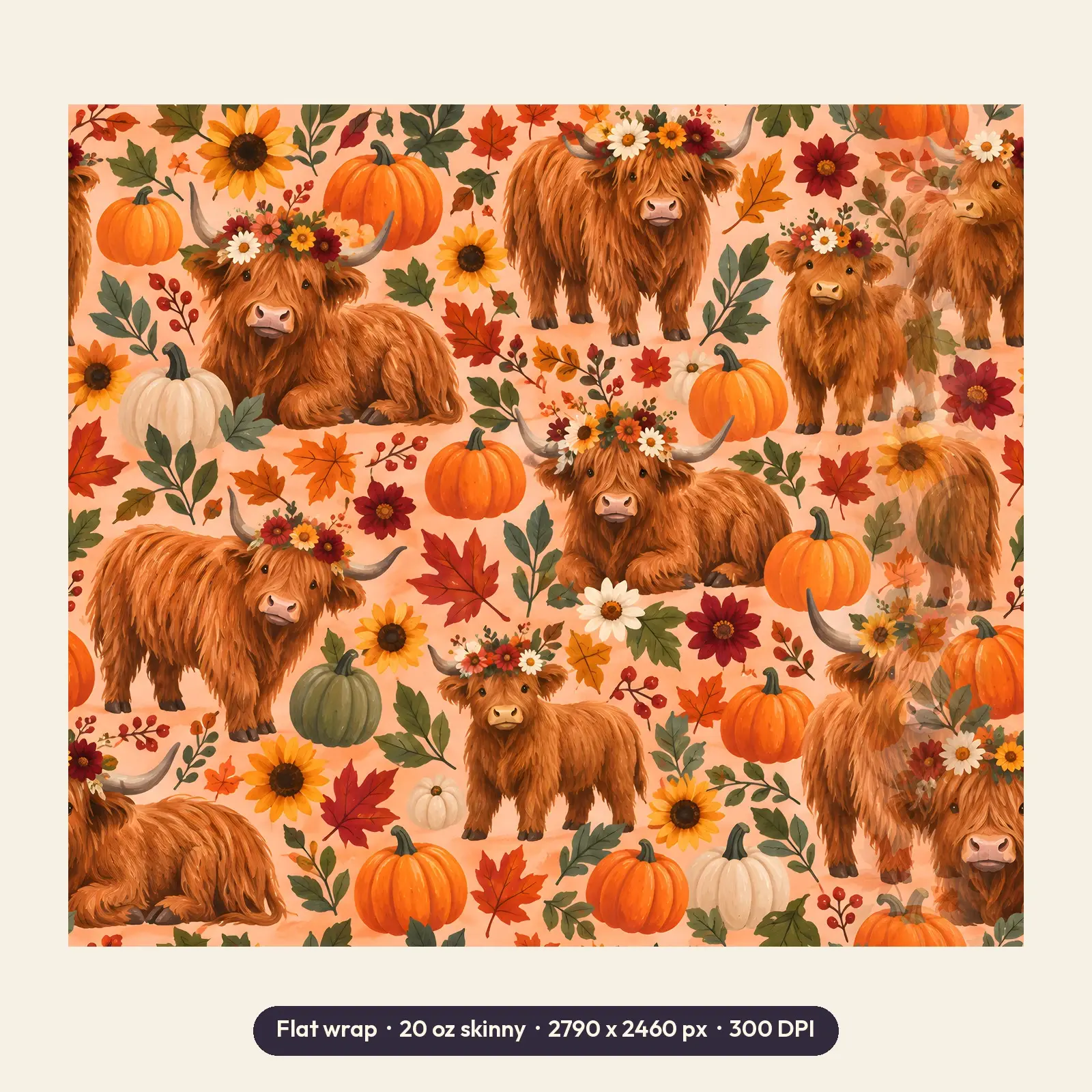 Highland Cows With Flower Crowns and Pumpkins Tumbler Wrap PNG – Fall Peach Sublimation, preview 2 of 4