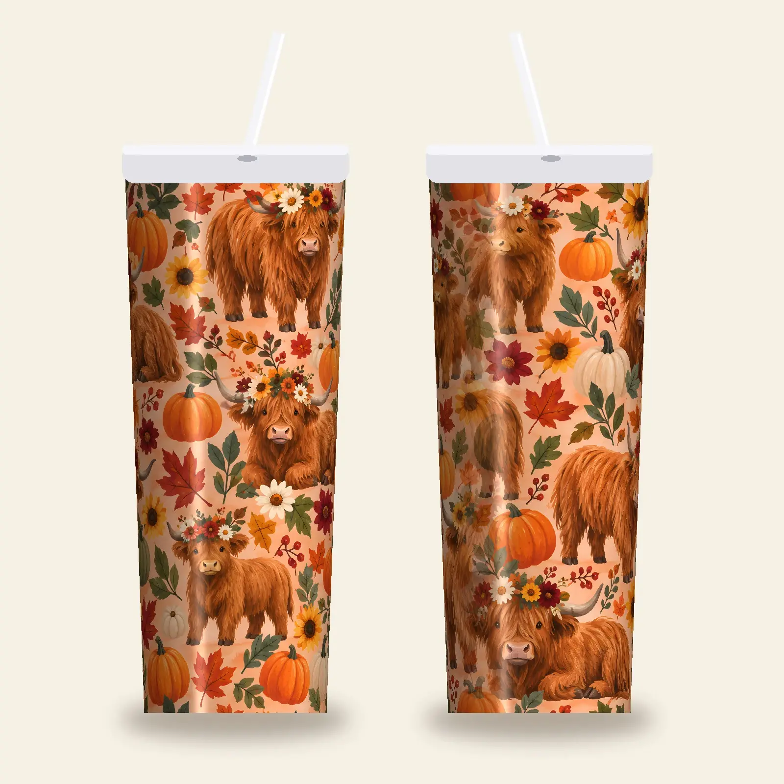 Highland Cows With Flower Crowns and Pumpkins Tumbler Wrap PNG – Fall Peach Sublimation, preview 1 of 4