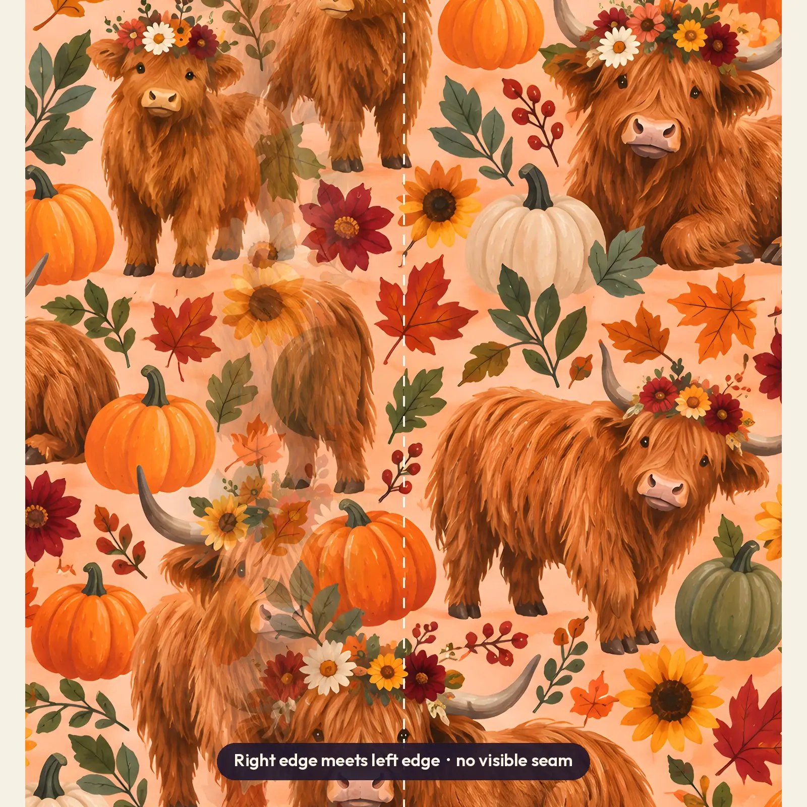 Highland Cows With Flower Crowns and Pumpkins Tumbler Wrap PNG – Fall Peach Sublimation, preview 3 of 4