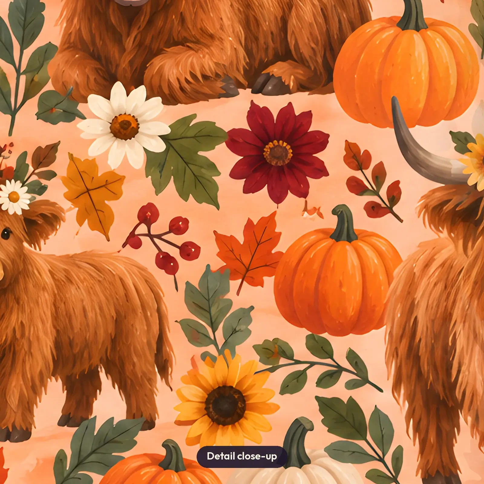Highland Cows With Flower Crowns and Pumpkins Tumbler Wrap PNG – Fall Peach Sublimation, preview 4 of 4