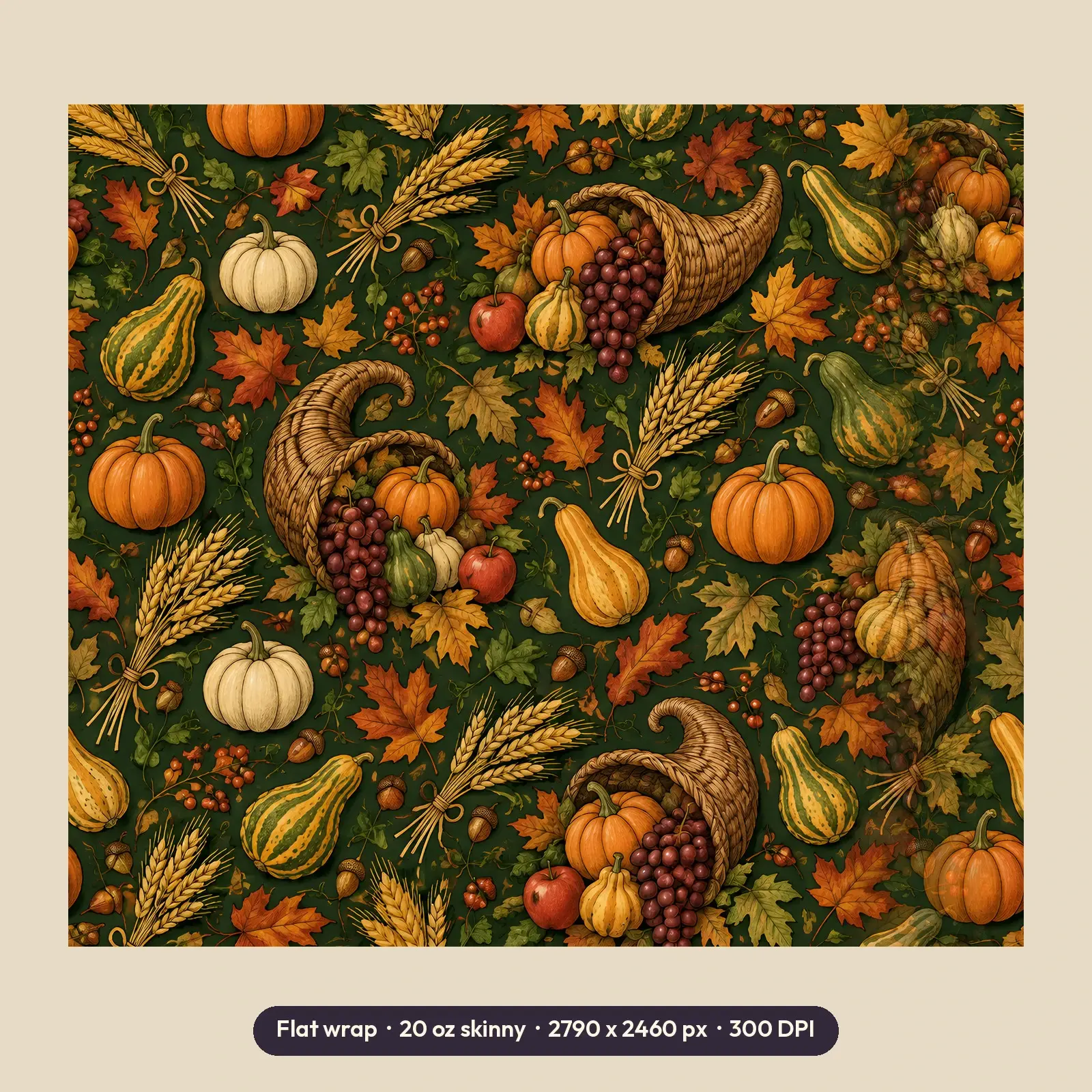 Cornucopia Wheat and Gourds Harvest Tumbler Wrap PNG – Deep Green and Orange Thanksgiving, preview 2 of 4