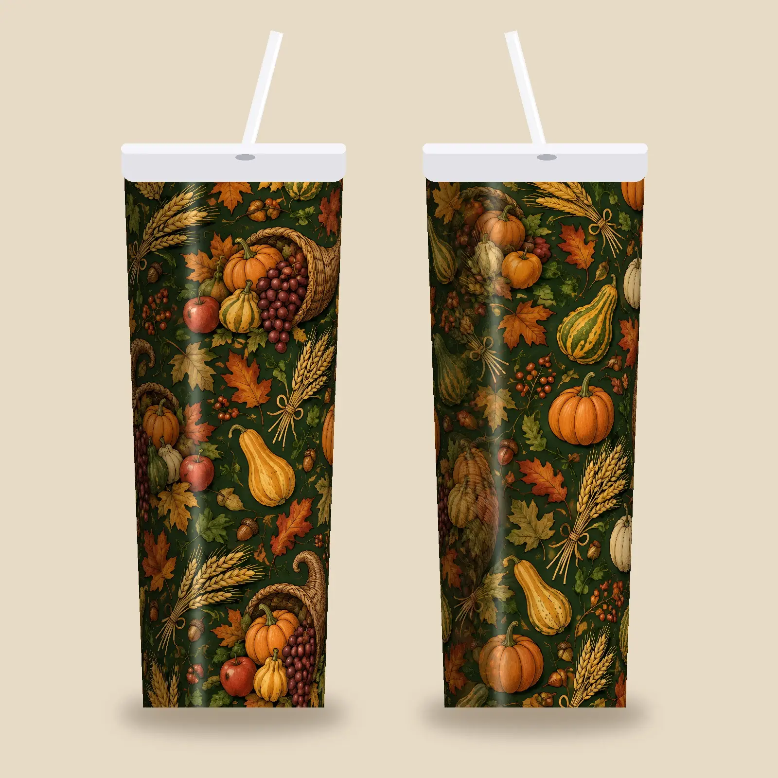 Cornucopia Wheat and Gourds Harvest Tumbler Wrap PNG – Deep Green and Orange Thanksgiving, preview 1 of 4