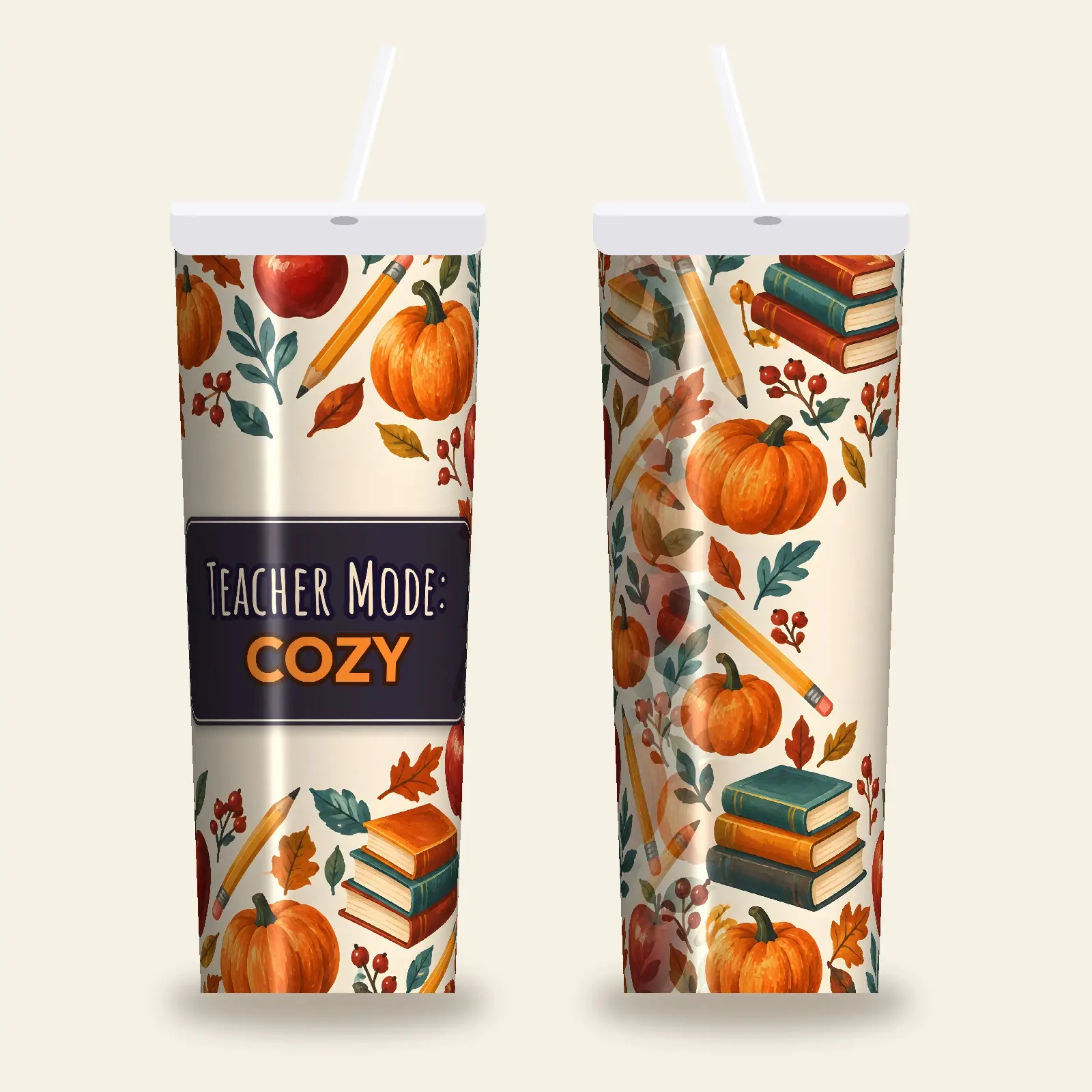 Teacher Mode Cozy Tumbler Wrap PNG – Pumpkins Pencils and Apples Teacher Gift Design preview