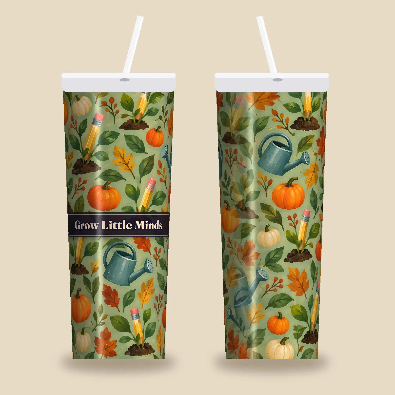 Grow Little Minds Tumbler Wrap PNG – Sprouting Pencils and Pumpkins Classroom Design, preview 1 of 4