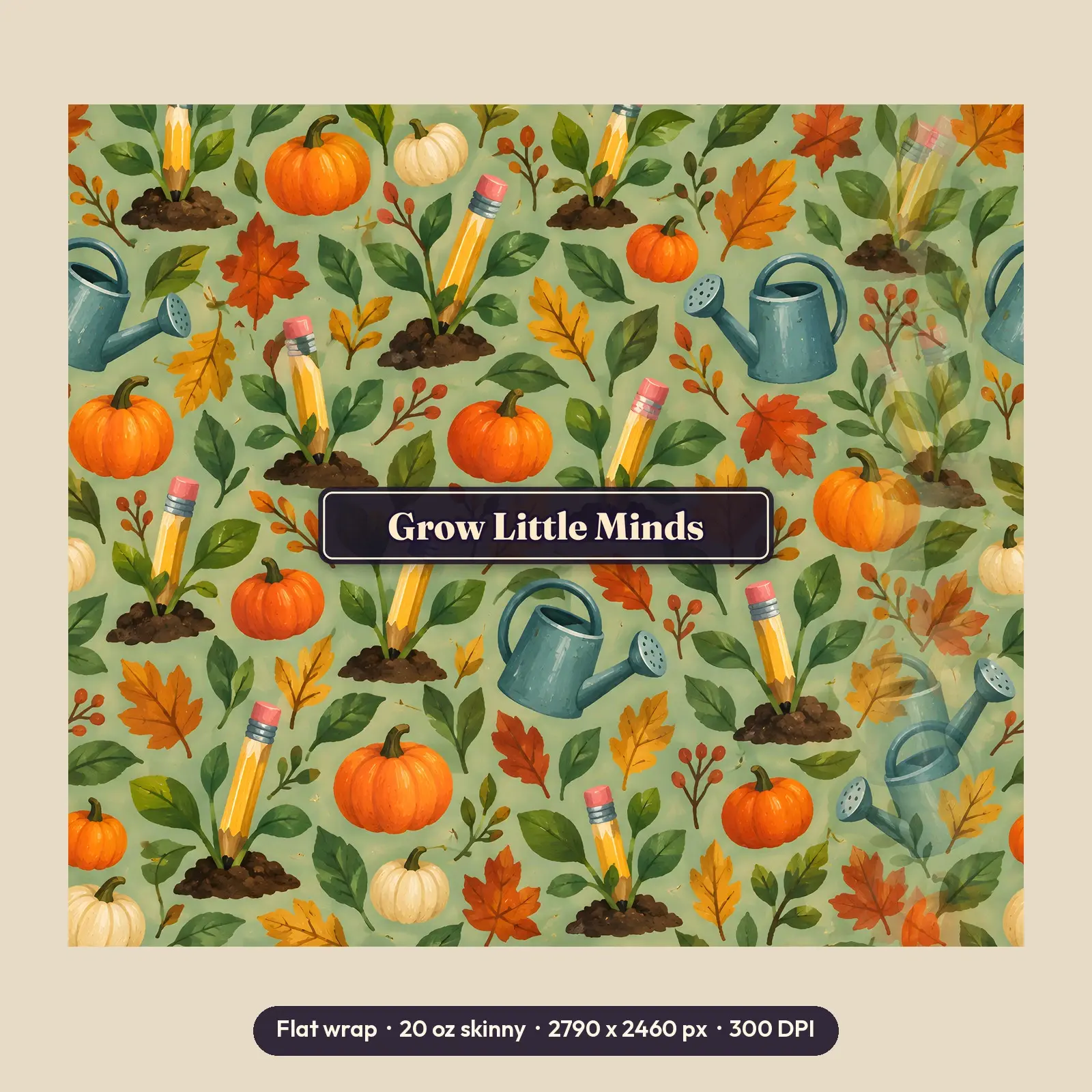 Grow Little Minds Tumbler Wrap PNG – Sprouting Pencils and Pumpkins Classroom Design, preview 2 of 4