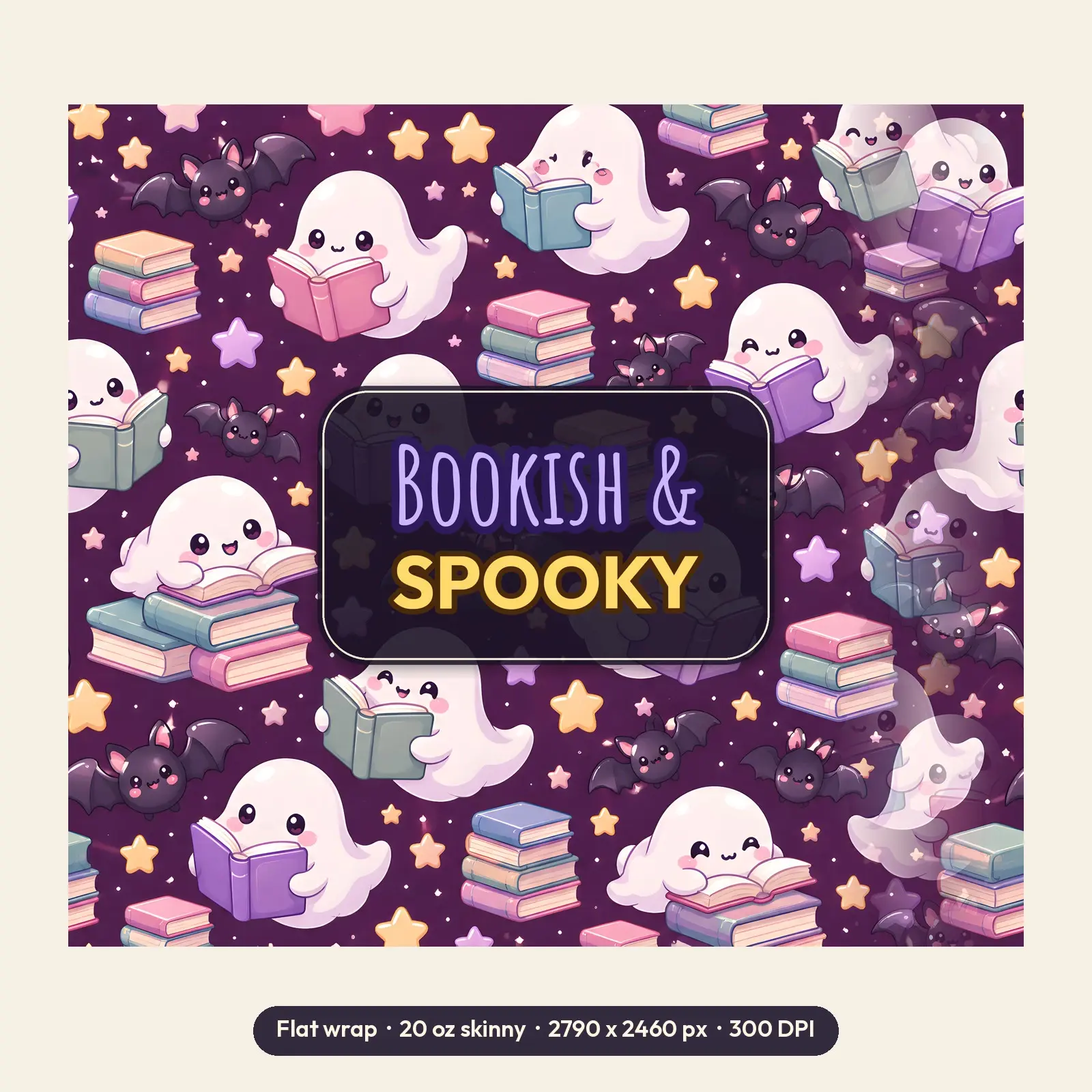 Bookish and Spooky Ghosts Reading Tumbler Wrap PNG – Librarian Halloween Design, preview 2 of 4