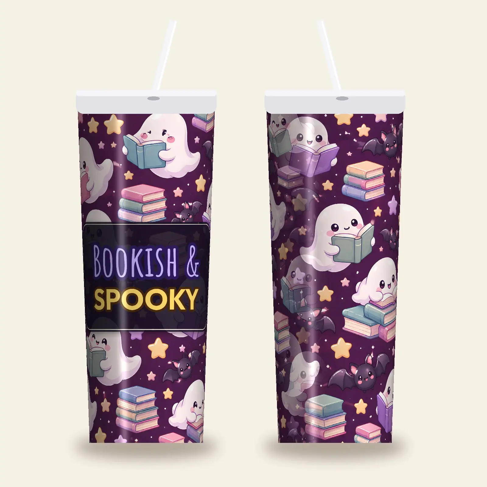 Bookish and Spooky Ghosts Reading Tumbler Wrap PNG – Librarian Halloween Design, preview 1 of 4