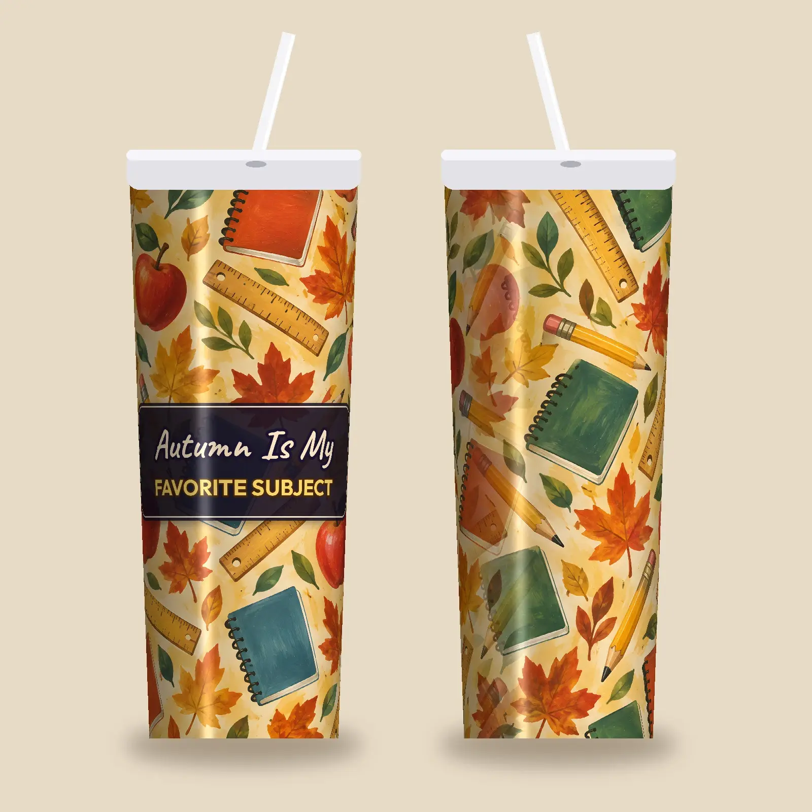 Autumn Is My Favorite Subject Tumbler Wrap PNG – Leaves and School Supplies Teacher Design preview