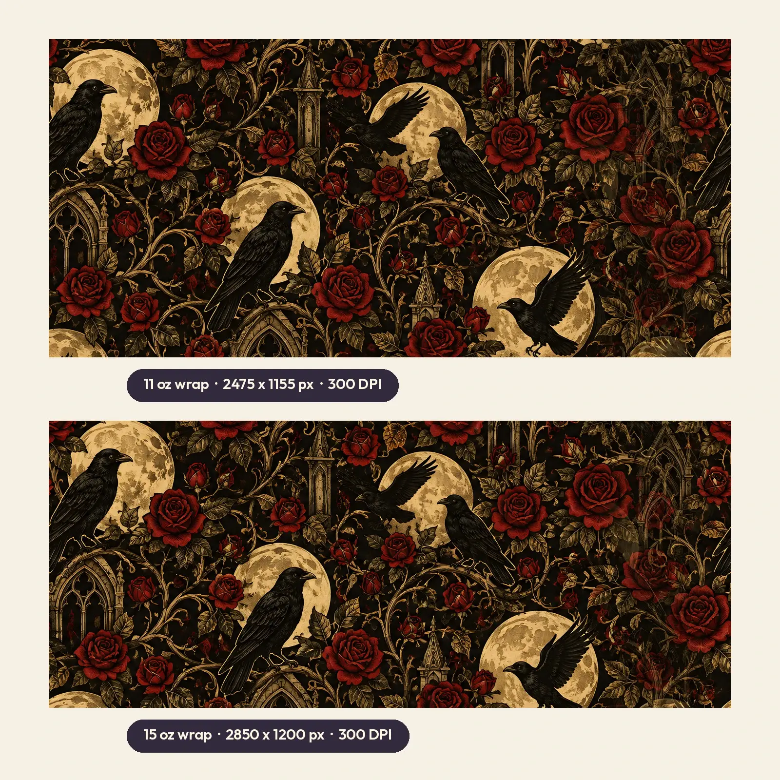 Raven and Moon Gothic Floral Mug Wrap PNG – Text-Free 11 oz and 15 oz Sublimation Design, preview 2 of 4