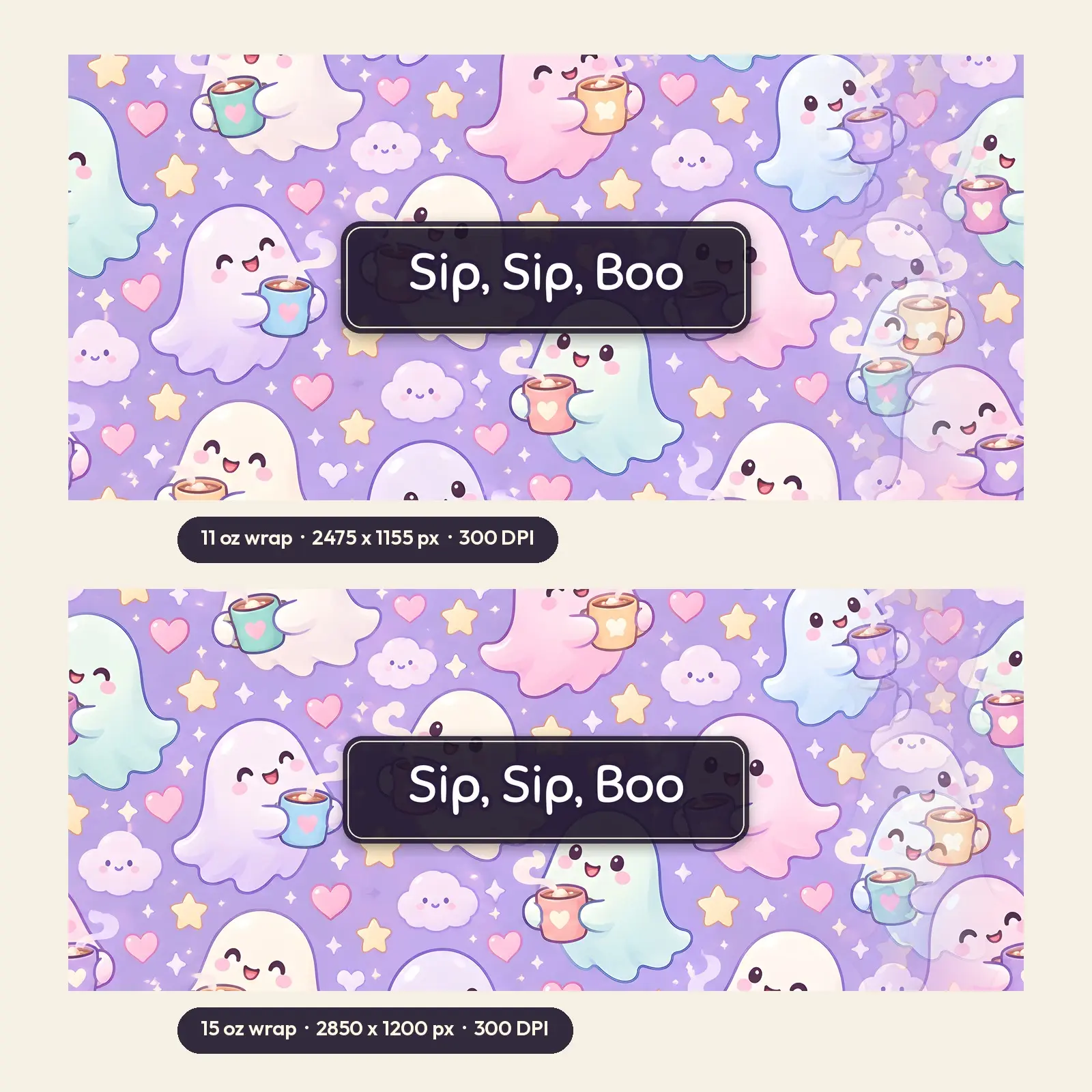 Sip Sip Boo Ghosts With Mugs Wrap PNG – Cute 11 oz and 15 oz Halloween Sublimation, preview 2 of 4