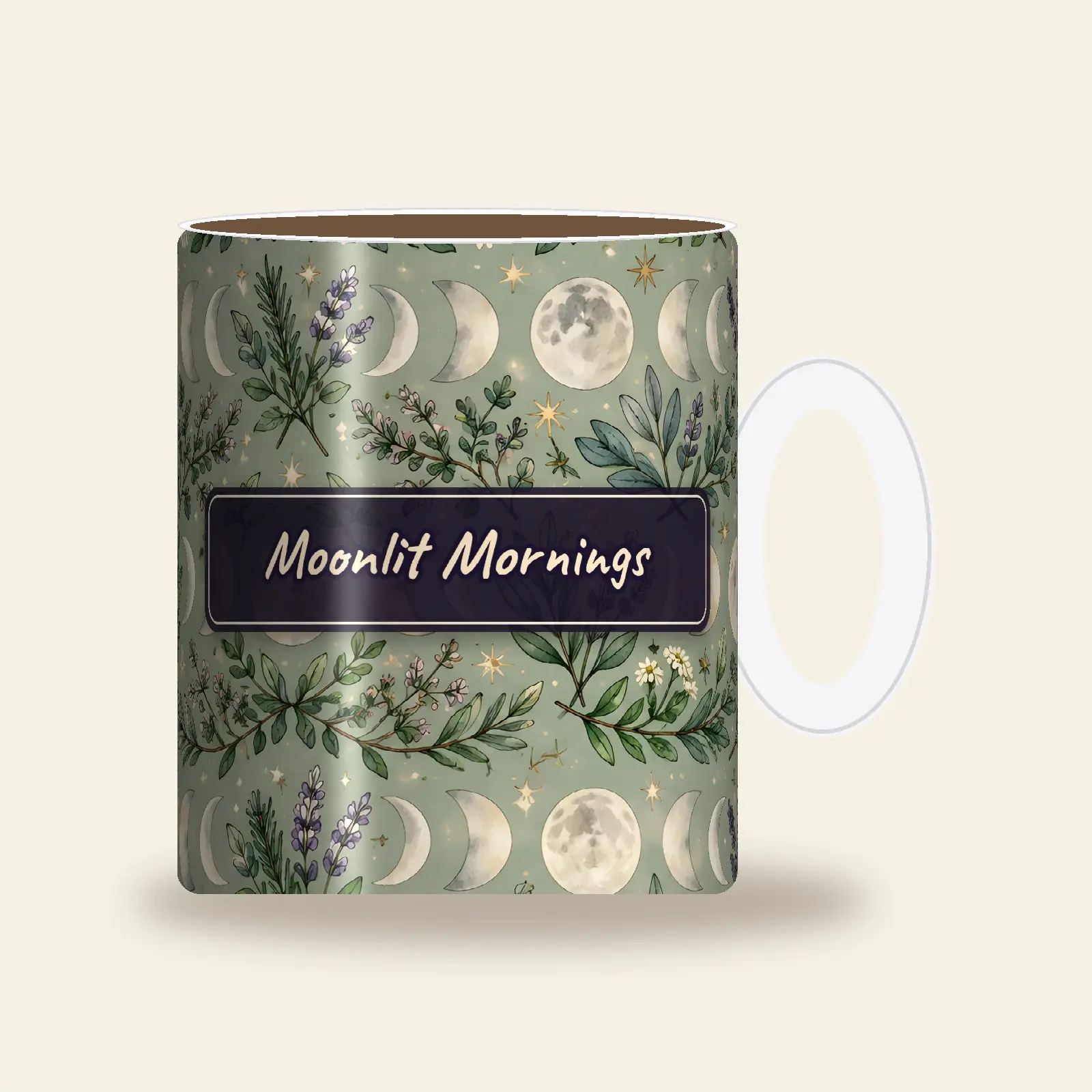 Moonlit Mornings Moon Phase Herbs Mug Wrap PNG – Sage Green 11 oz and 15 oz Sublimation preview