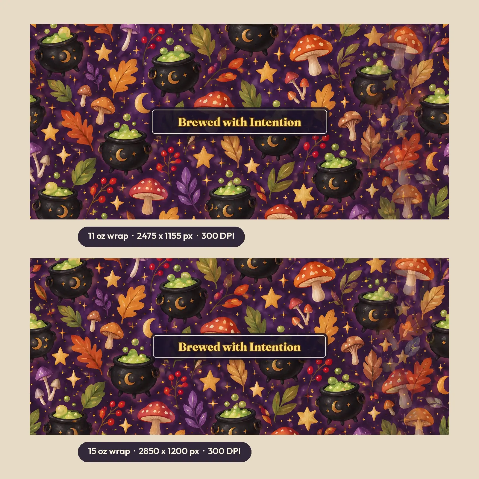 Brewed With Intention Cauldron and Mushrooms Mug Wrap PNG – 11 oz and 15 oz Sublimation, preview 2 of 4