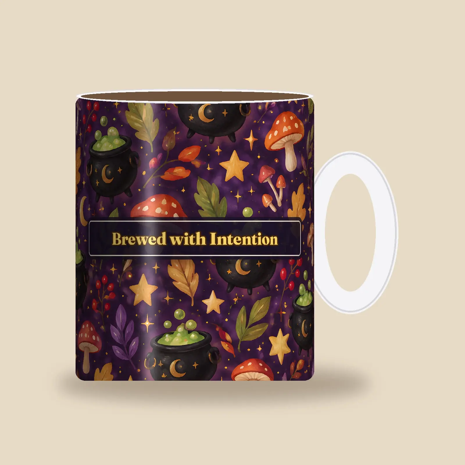 Brewed With Intention Cauldron and Mushrooms Mug Wrap PNG – 11 oz and 15 oz Sublimation, preview 1 of 4